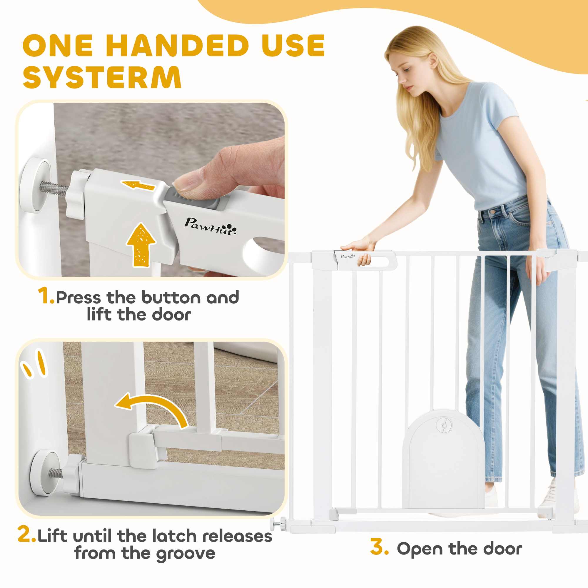 PawHut Dog Gate with Cat Flap Pet Safety Gate Barrier, Stair Pressure Fit, Auto Close, Double Locking, for Doorways, Hallways, 75-103 cm White 4