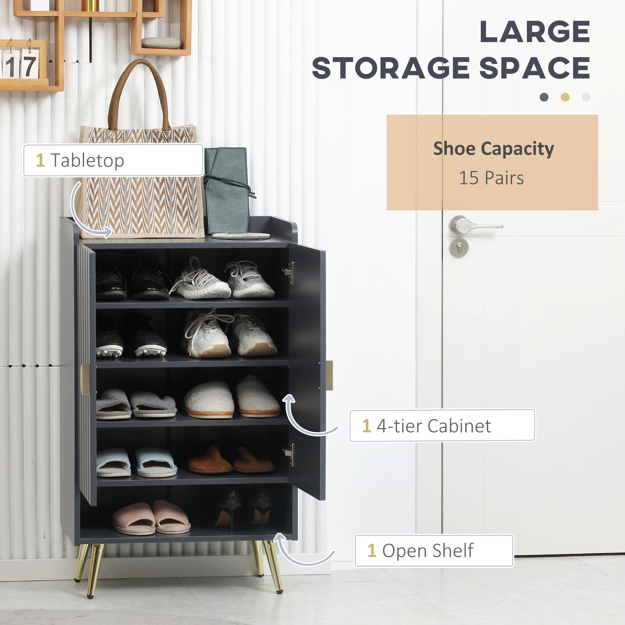 HOMCOM Modern Shoe Cabinet with 2 Doors, Open Shelf and Adjustable Shelves, 15 Pair Hallway Shoe Cupboard, Entryway Storage Unit, Grey 4