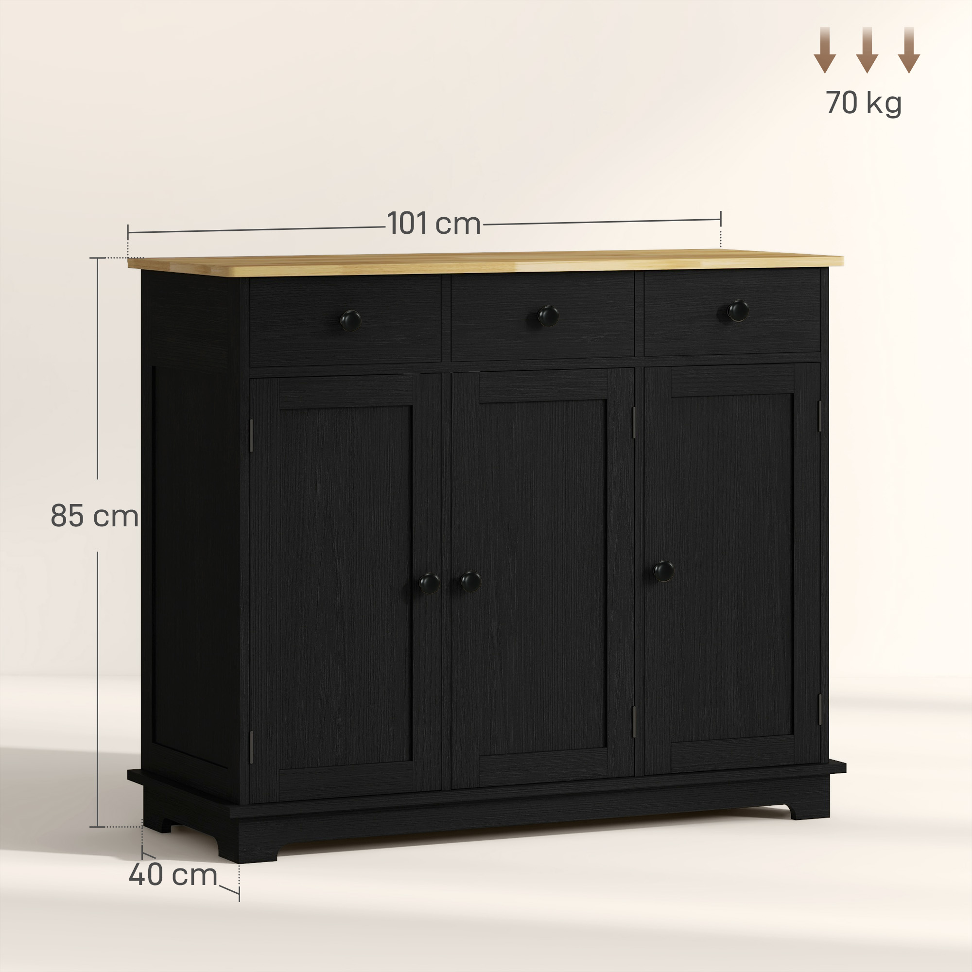 HOMCOM Sideboard with Rubberwood Top and Adjustable Shelves for Dining Room, Kitchen Black Wood-Effect 3