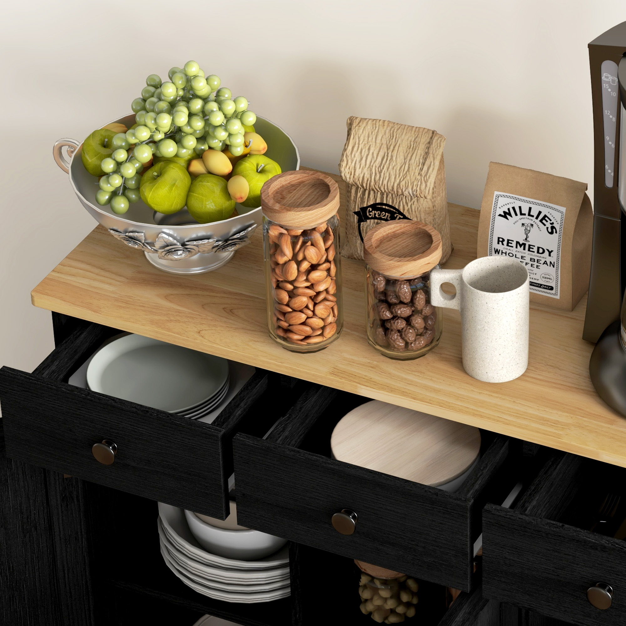 HOMCOM Sideboard with Rubberwood Top and Adjustable Shelves for Dining Room, Kitchen Black Wood-Effect 9