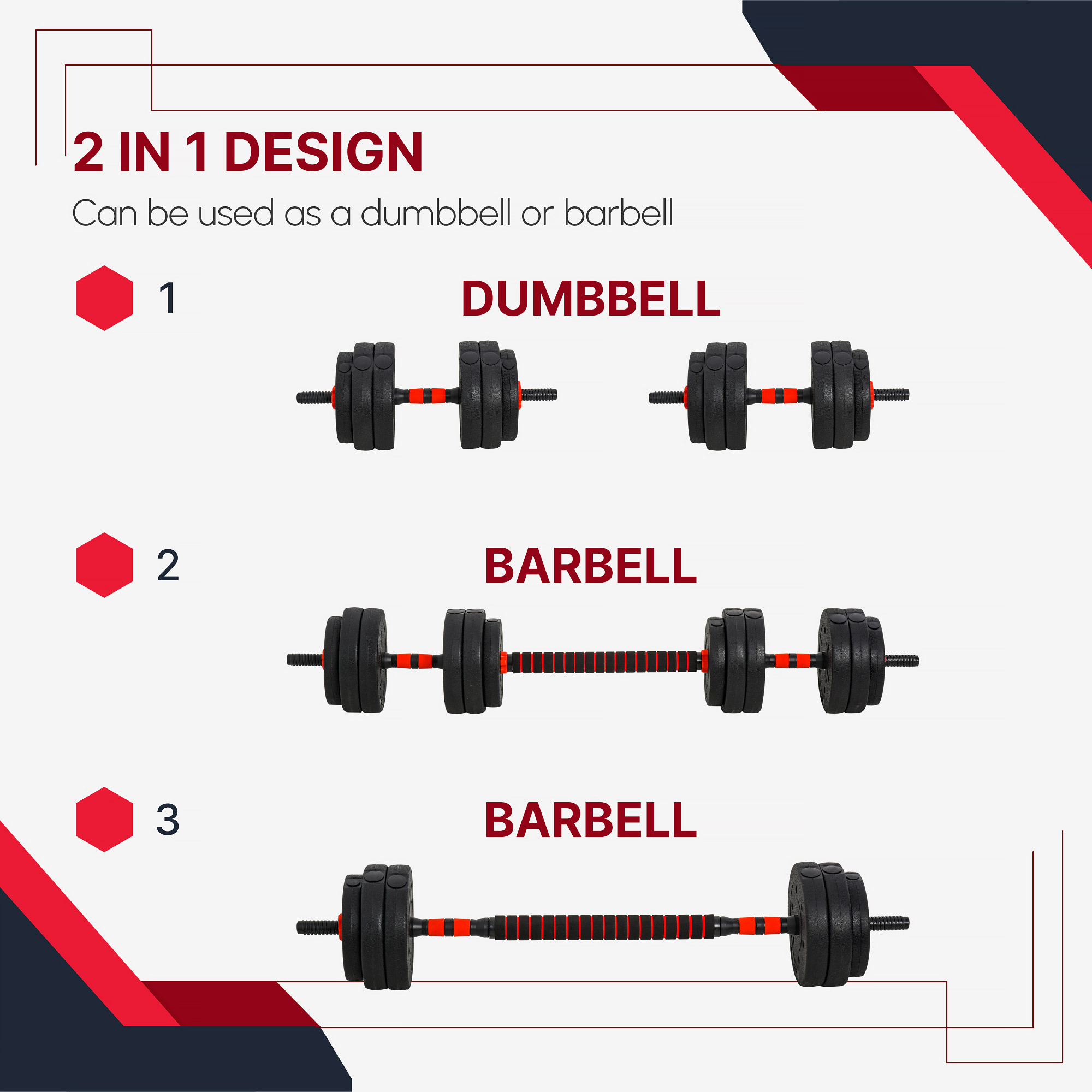 HOMCOM 25kg 2 IN 1 Adjustable Dumbbells Weight Set, Dumbbell Hand Weight Barbell for Body Fitness, Lifting Training for Home, Office, Gym, Black 6