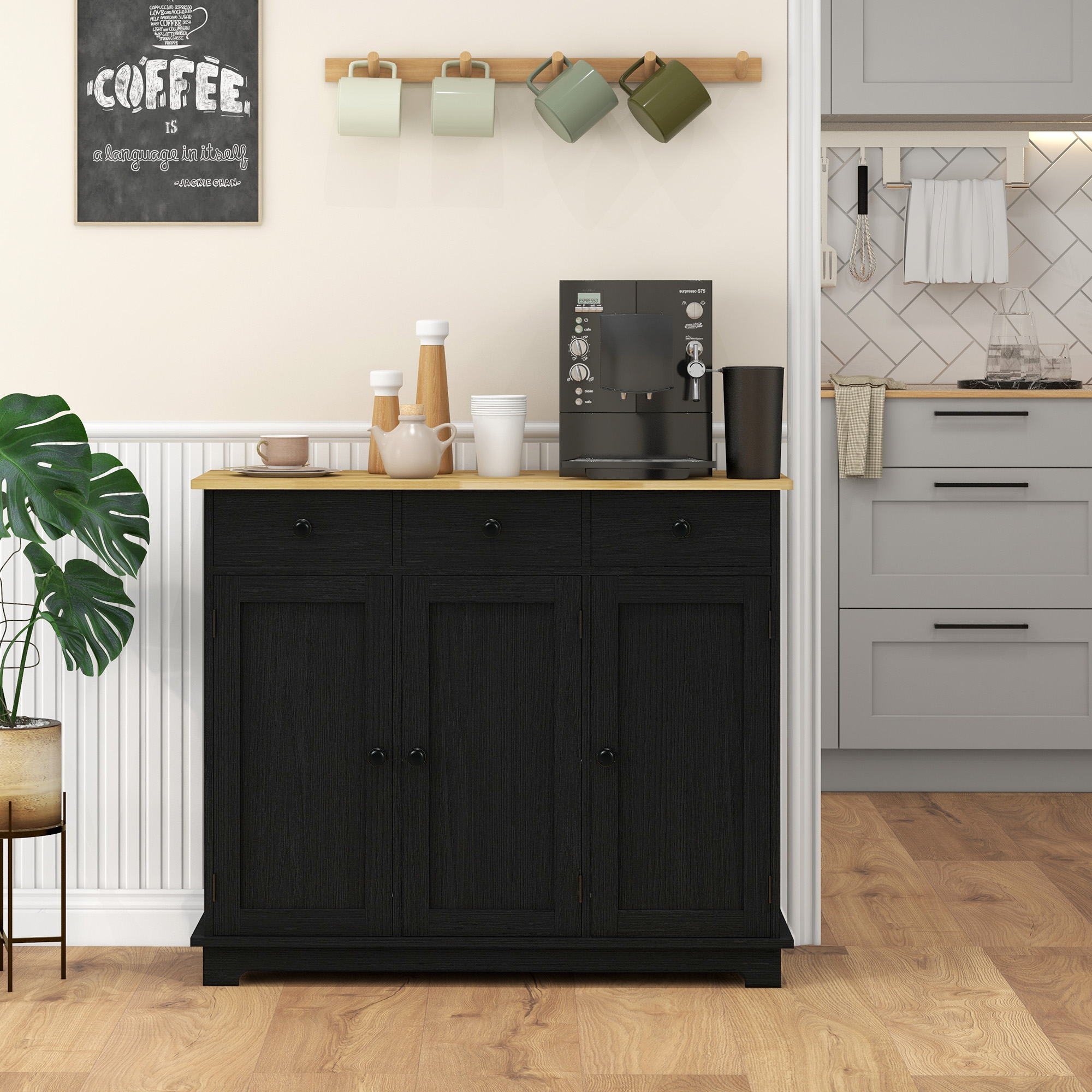 HOMCOM Sideboard with Rubberwood Top and Adjustable Shelves for Dining Room, Kitchen Black Wood-Effect 2