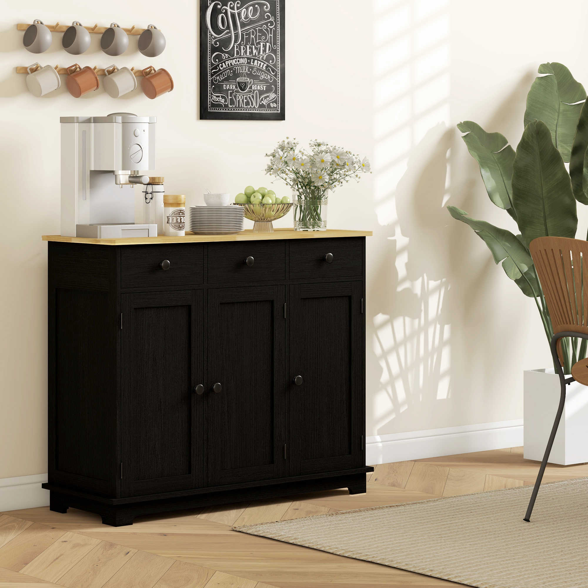HOMCOM Sideboard with Rubberwood Top and Adjustable Shelves for Dining Room, Kitchen Black Wood-Effect 8