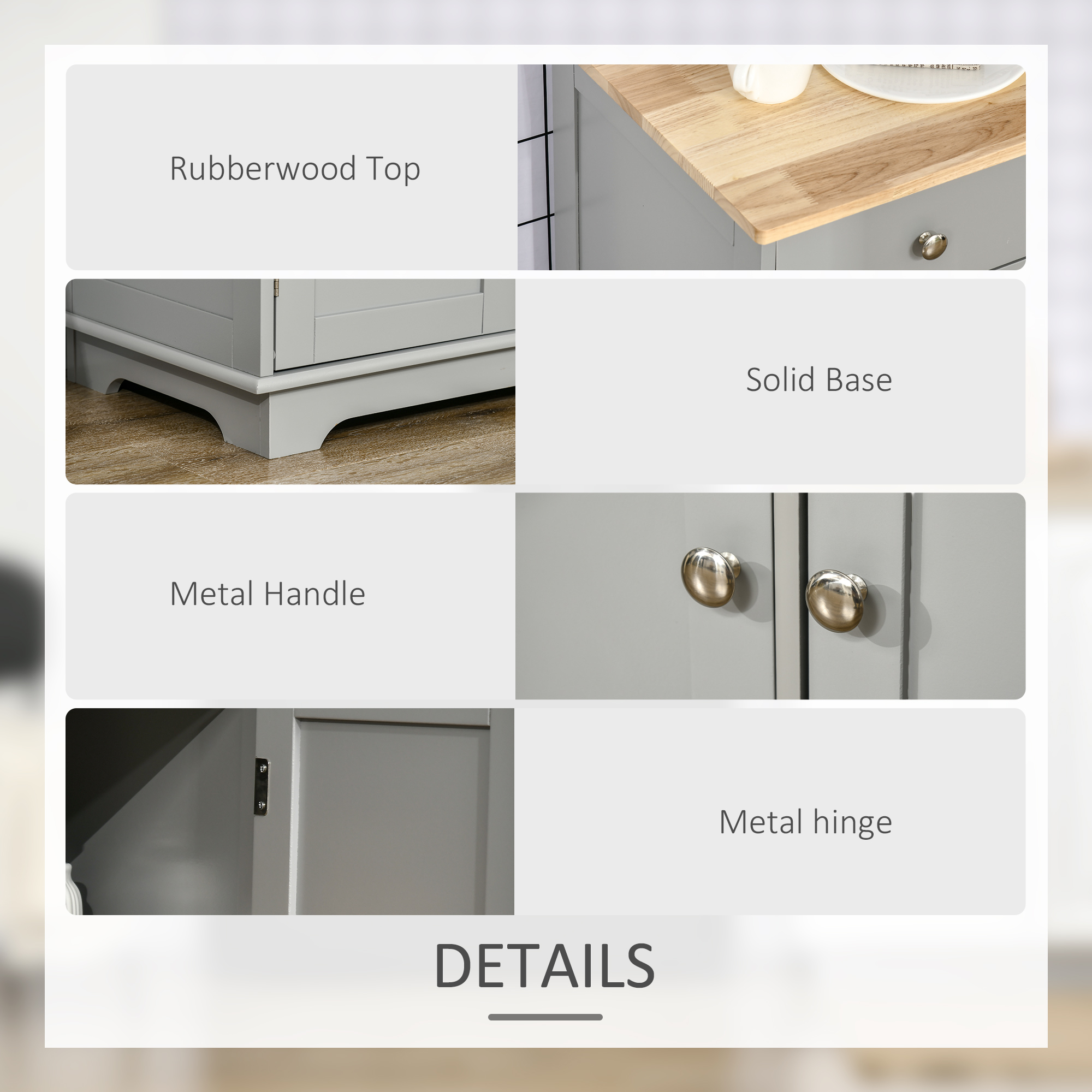 HOMCOM Sideboard with Rubberwood Top and Adjustable Shelves for Dining Room, Kitchen Grey 6