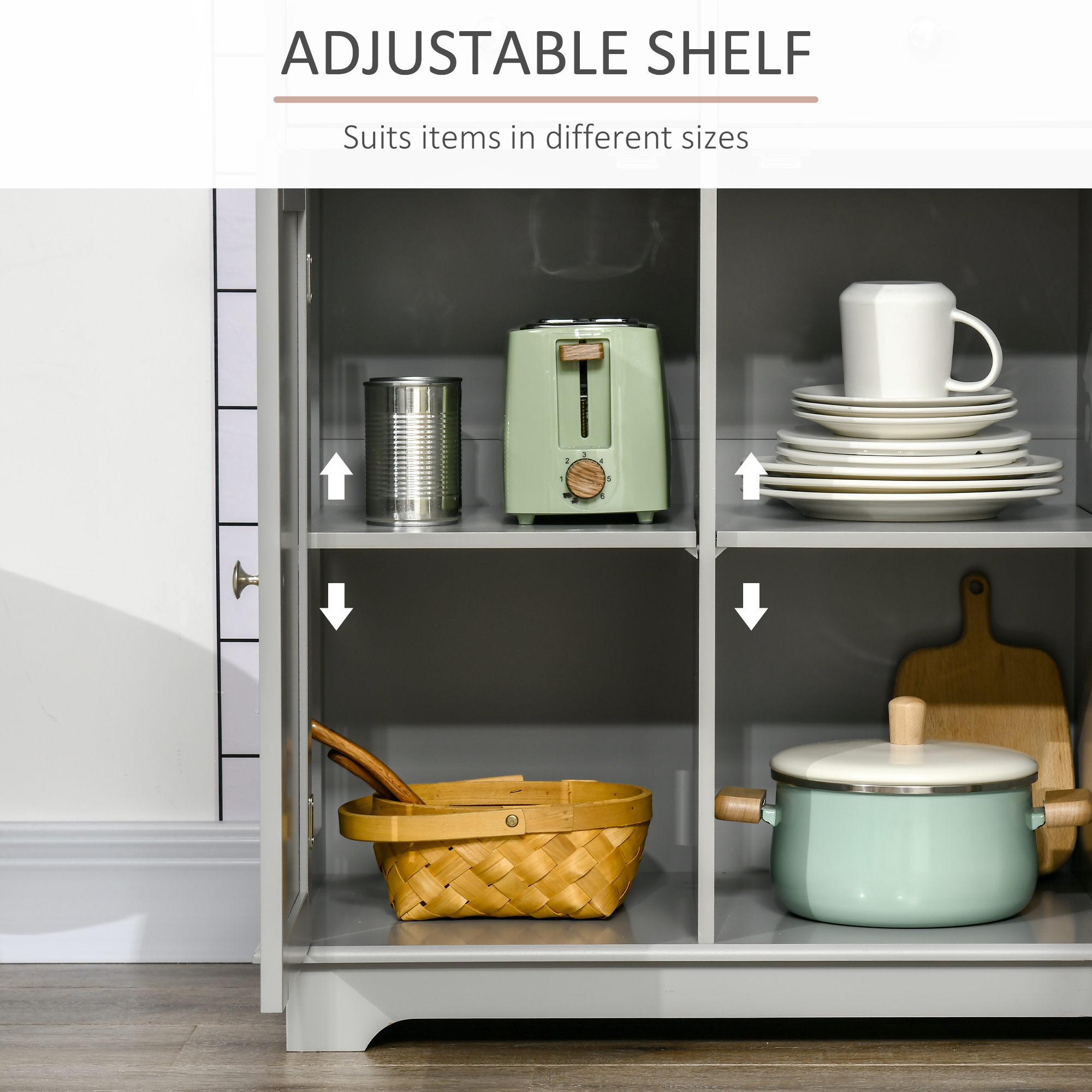 HOMCOM Sideboard with Rubberwood Top and Adjustable Shelves for Dining Room, Kitchen Grey 5
