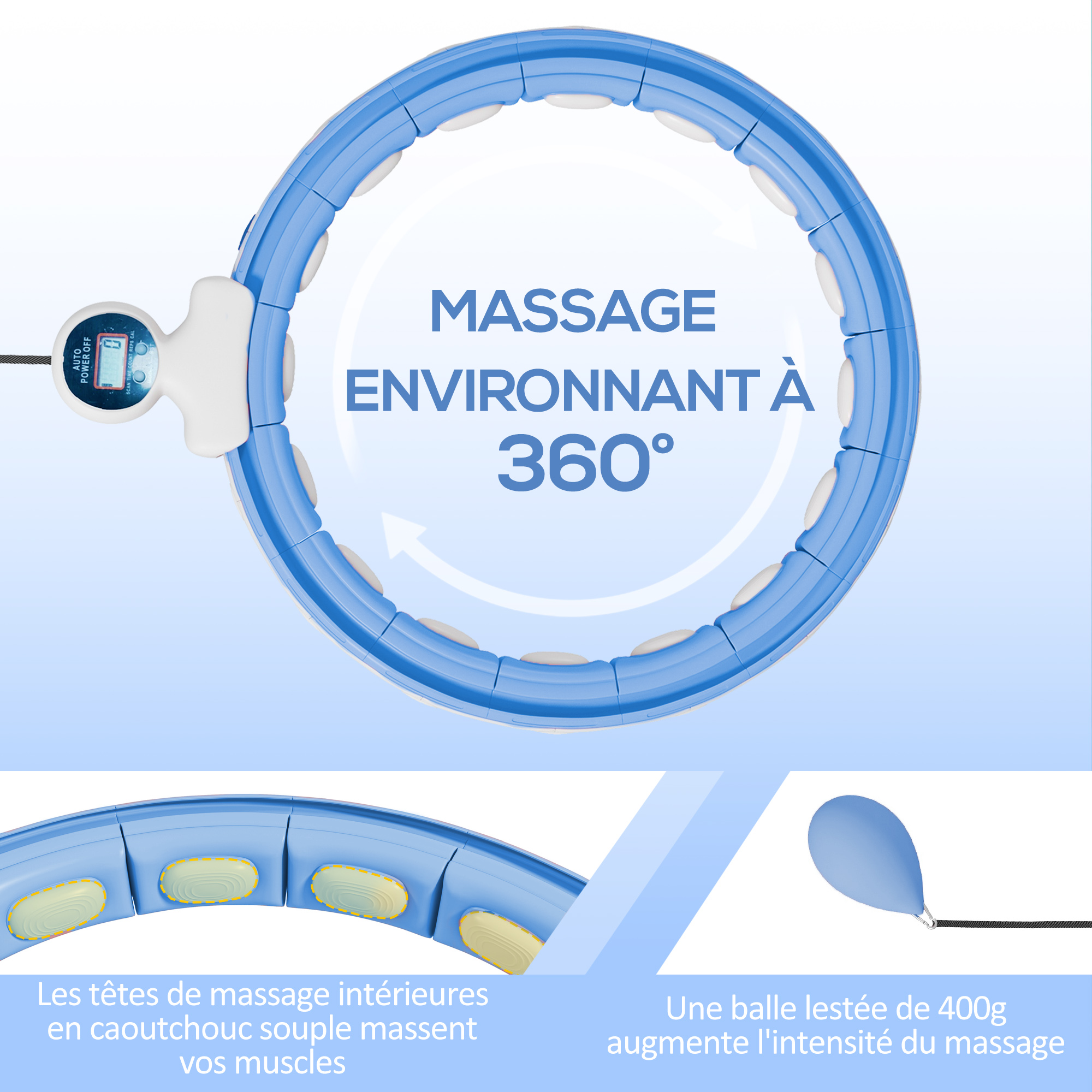 Cerceau Fitness Ajustable SPORTNOW – 76 à 113 Cm, 16 Segments, Boule Lestée 400 G, Compteur Numérique, Massage 360°, Bleu Clair