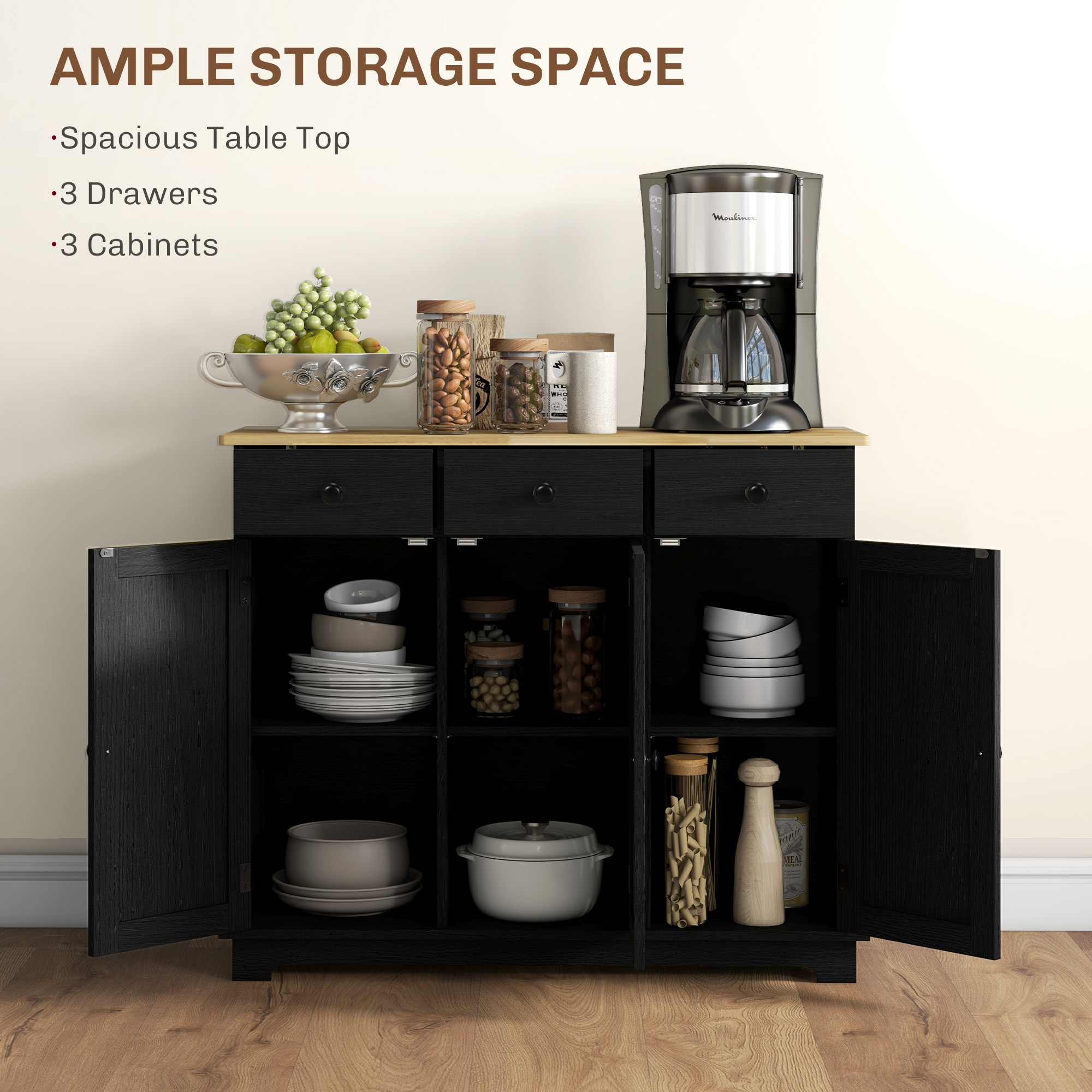 HOMCOM Sideboard with Rubberwood Top and Adjustable Shelves for Dining Room, Kitchen Black Wood-Effect 4
