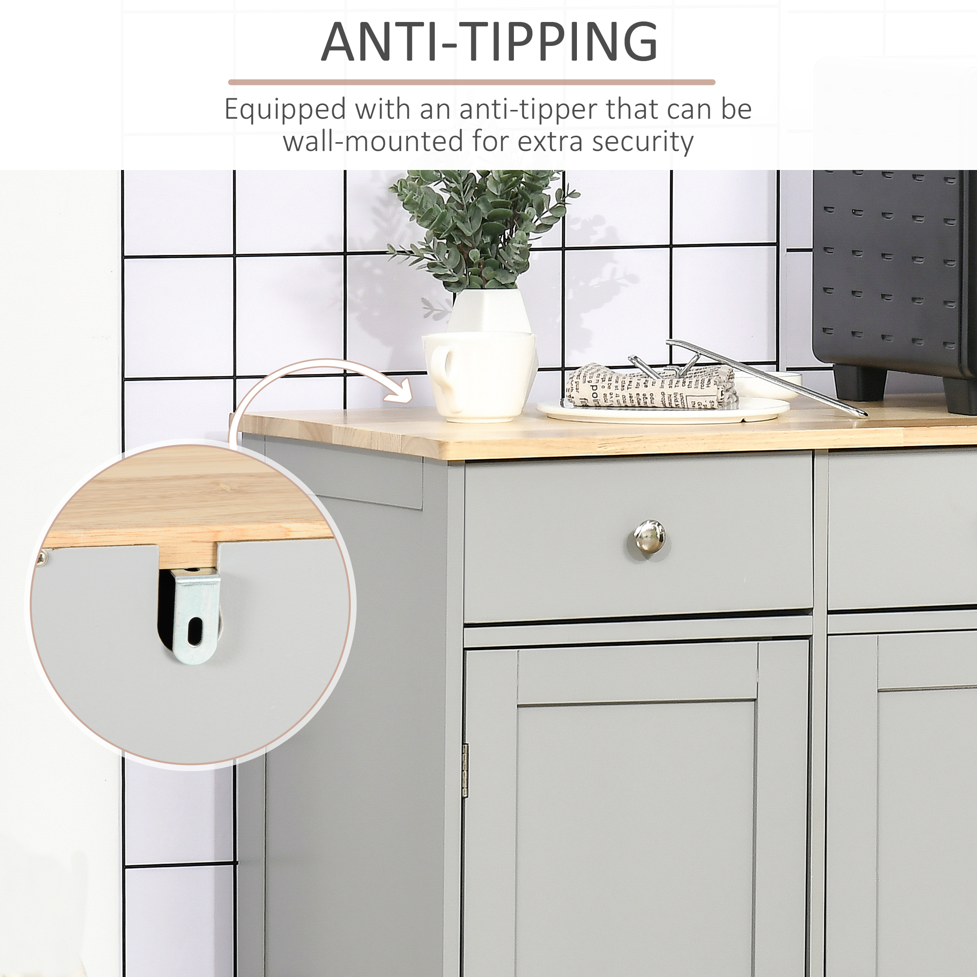 HOMCOM Sideboard with Rubberwood Top and Adjustable Shelves for Dining Room, Kitchen Grey 7