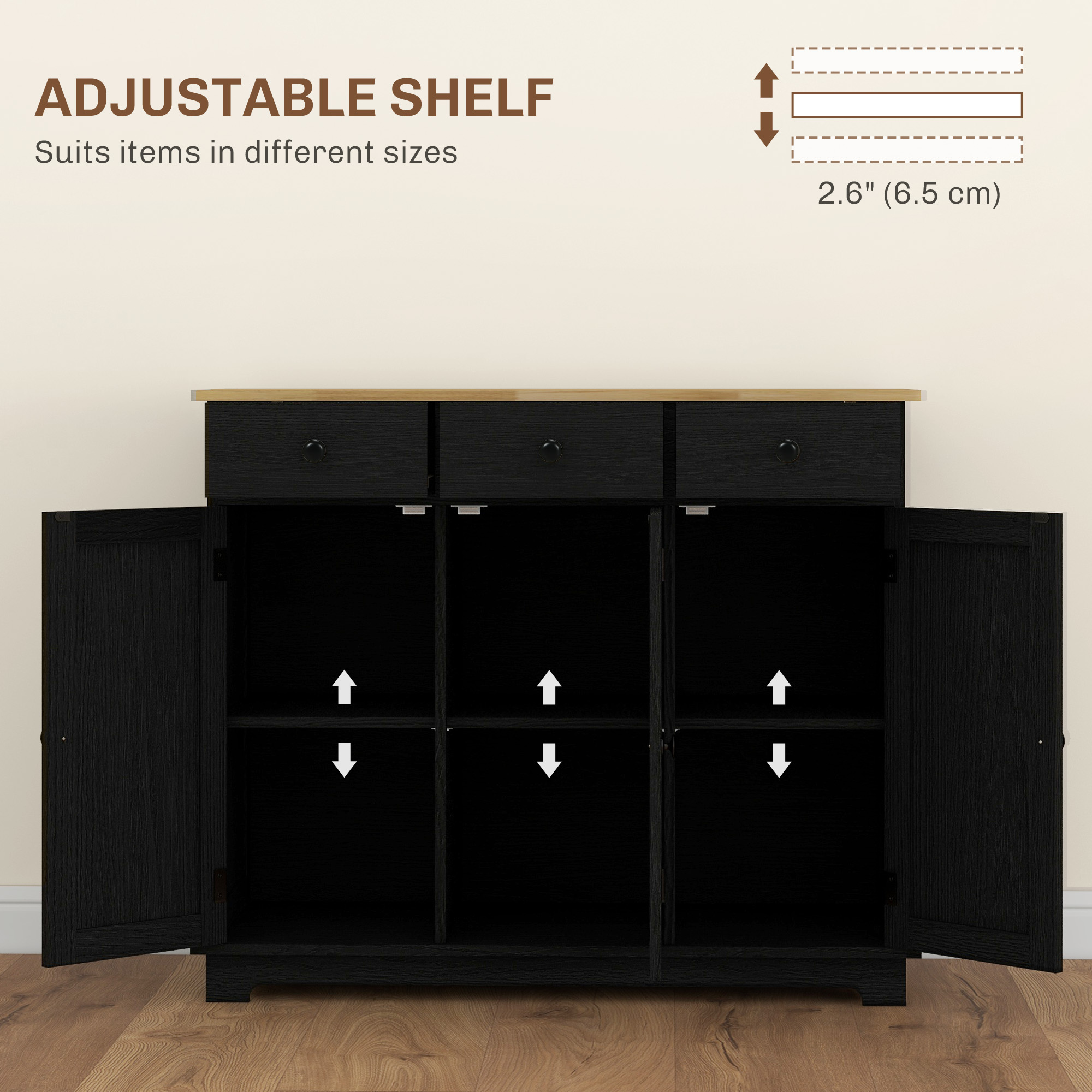 HOMCOM Sideboard with Rubberwood Top and Adjustable Shelves for Dining Room, Kitchen Black Wood-Effect 5