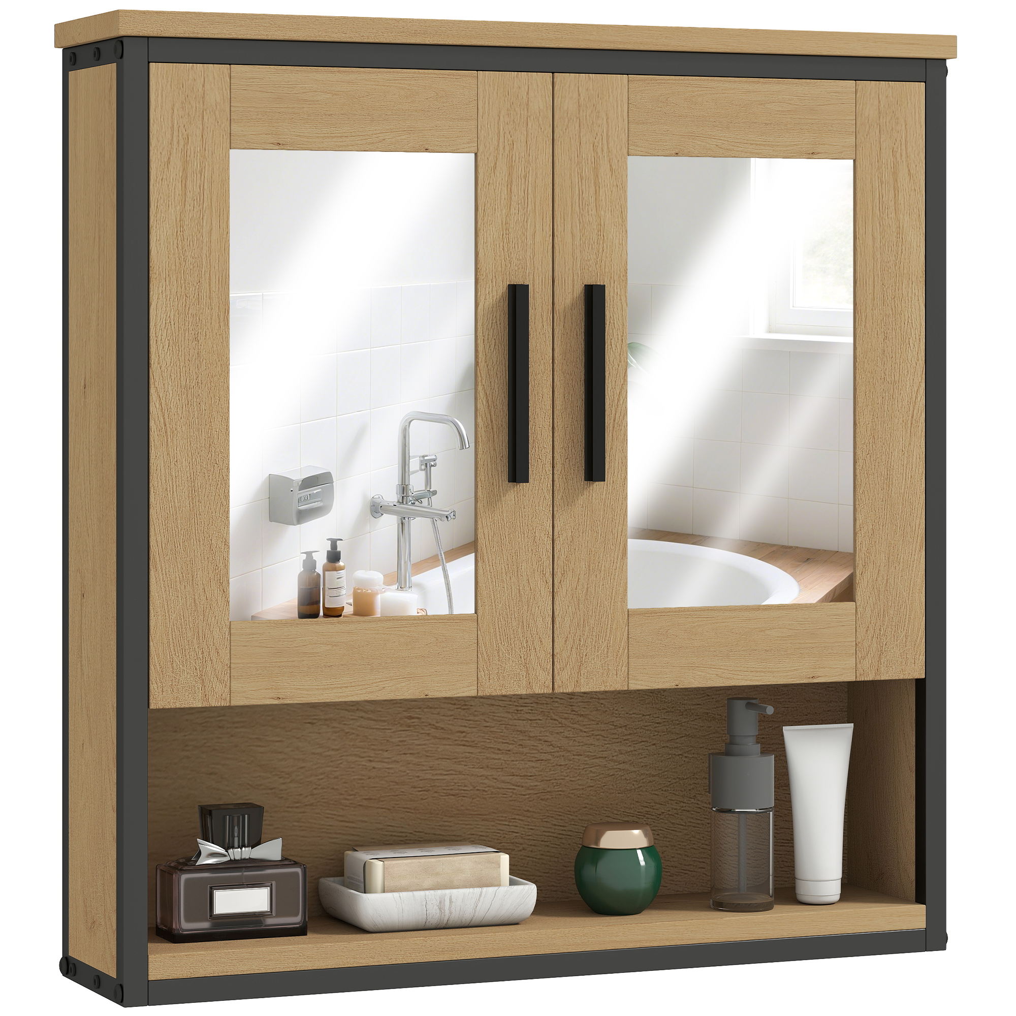 HOMCOM Armoire murale salle de bain avec miroir, meuble salle de bain avec compartiment ouvert et étagère réglable, chêne