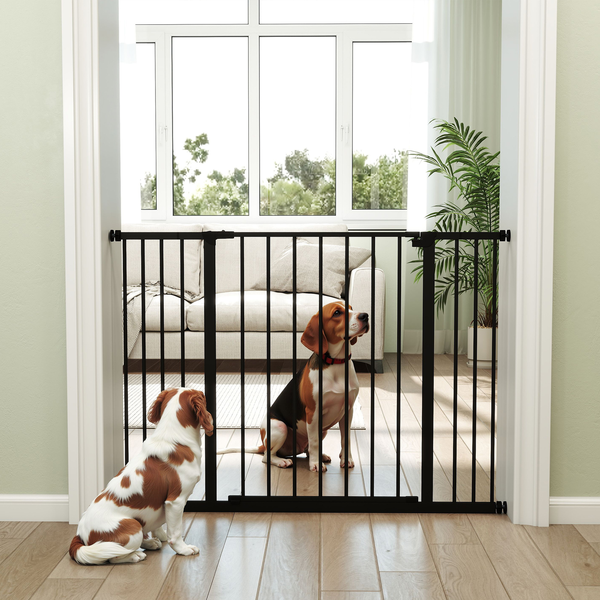 PawHut Barrière Pour Chiens Avec Fermeture Automatique, Porte Pour Chiens 76-104 Cm, Barrière De Sécurité Avec 2 Extensions 7/14 Cm, Montage Facile, Double Verrouillage, Pour Escaliers Et Portes, Noir