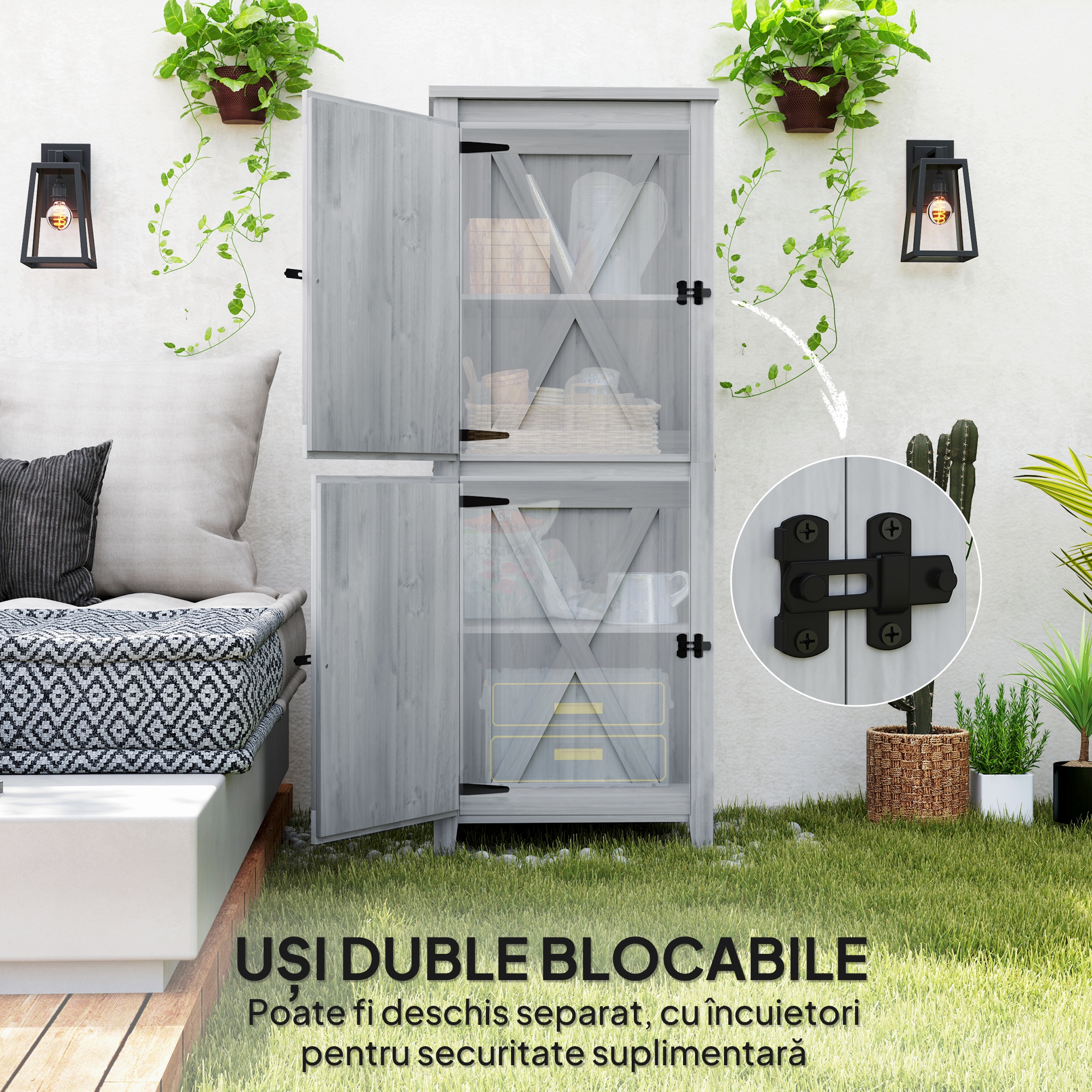  sopron pentru Unelte de Gradina din Lemn de Brad cu 2 Dulapuri si 2 Rafturi Detasabile, 60x60x160 cm, Gri Deschis [5]