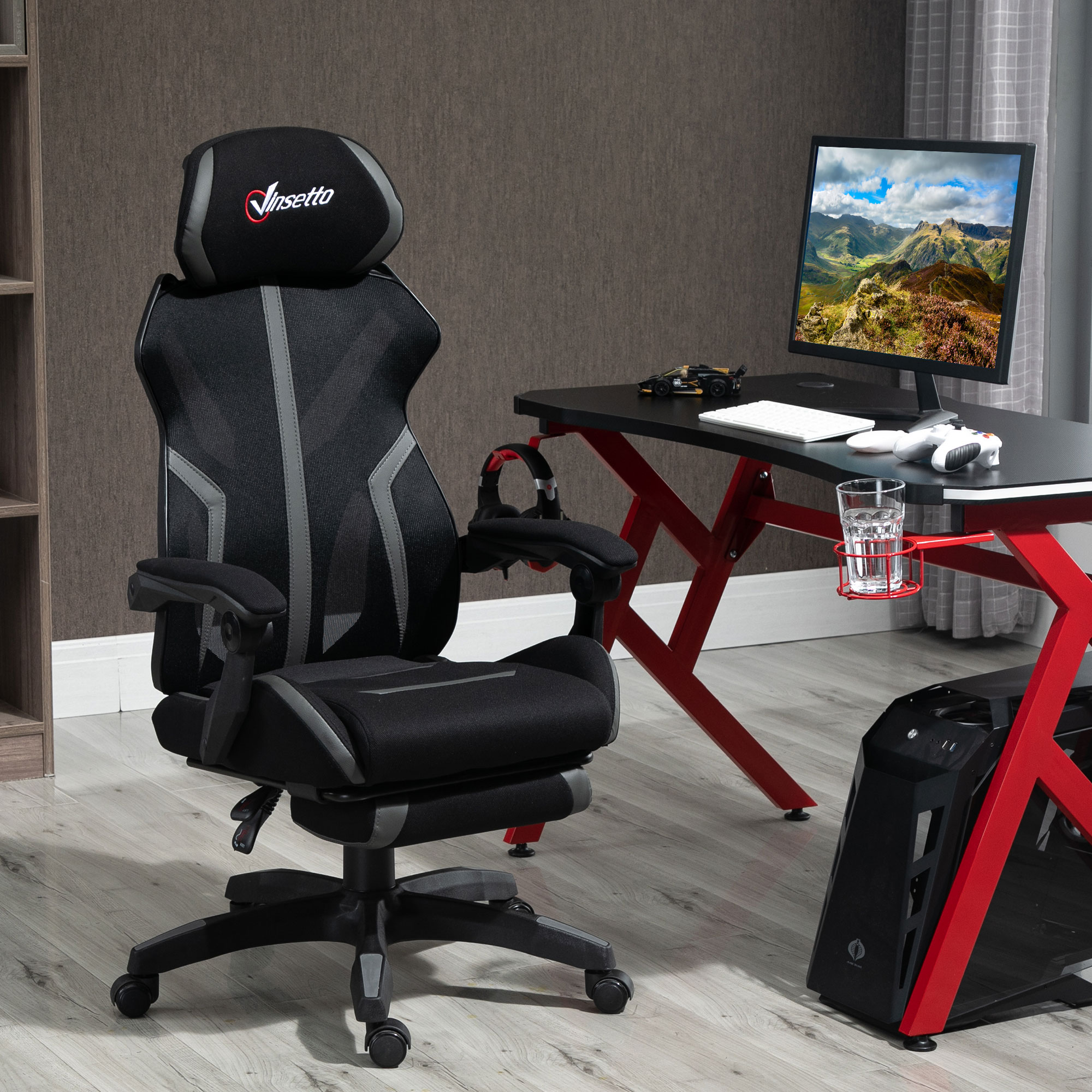 Vinsetto Mesh Office Chair Desk Task Computer Recliner with Footrest, Lumbar Back Support, Swivel Wheels, Adjustable Height for Home, Black Grey 2