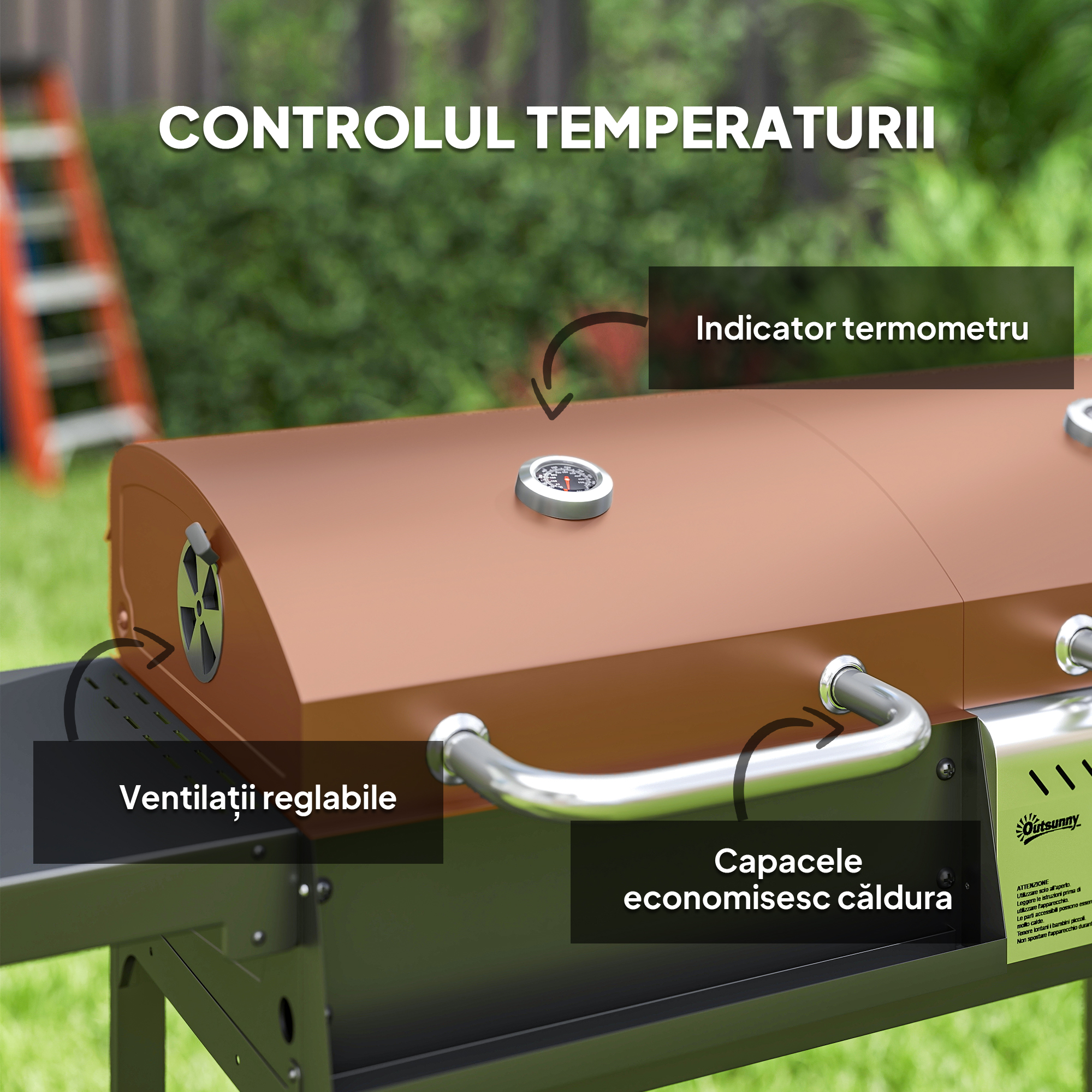  Gratar cu Carbune si Gaz cu 3 Arzatoare si Capac cu Termometru, Negru [5]
