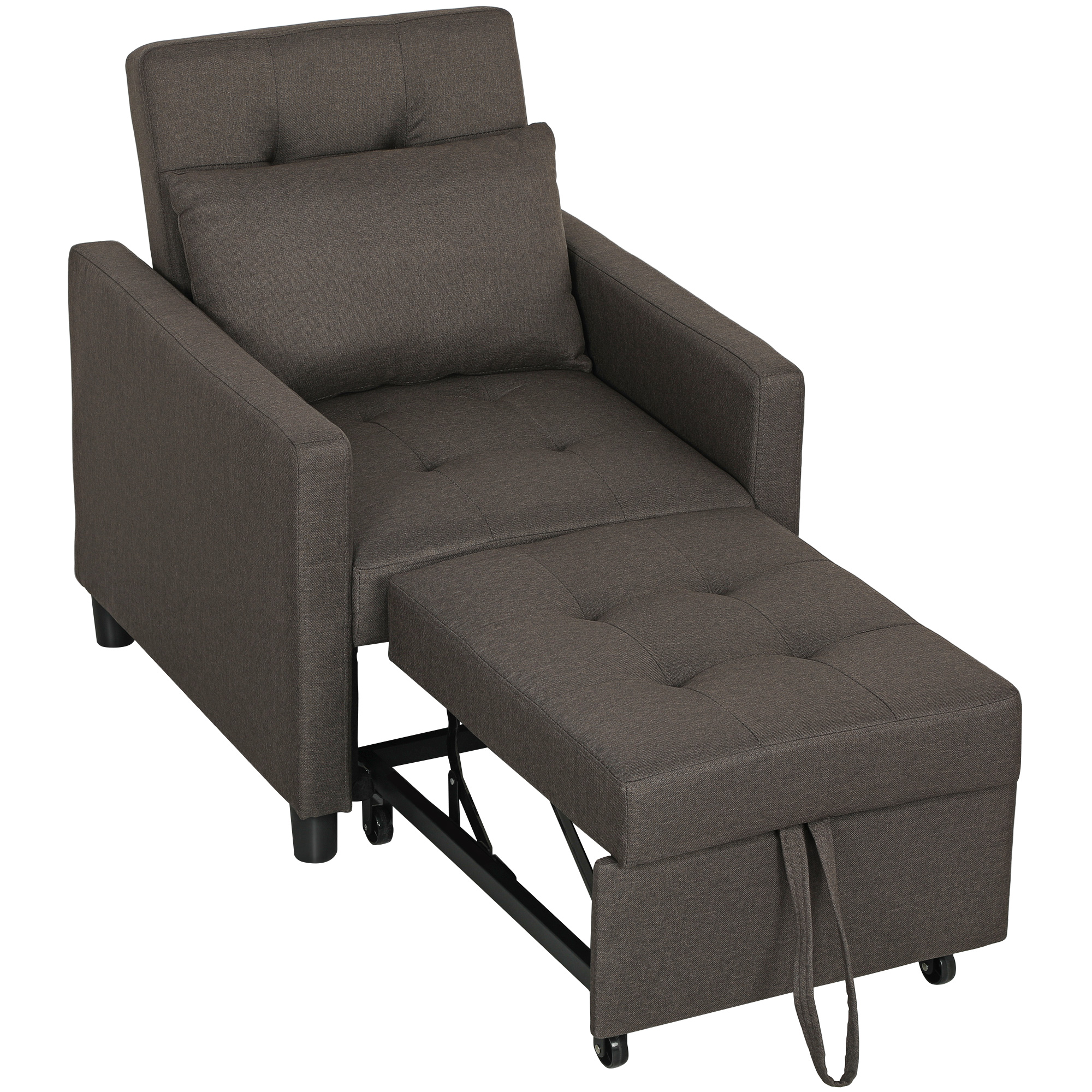 HOMCOM Sofá Cama de 1 Plaza Tapizado en Lino con Respaldo Ajustable de 3 Niveles y Almohada Acolchada 69x82,5x84 cm Marrón