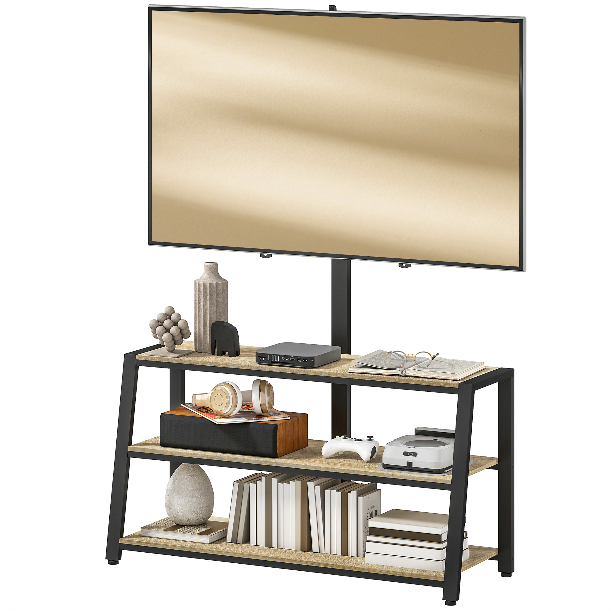 HOMCOM Meuble TV avec support pour téléviseurs de 32-65 pouces, étagères ouvertes, angle ajustable 35°, 108x41x135cm, effet bois naturel