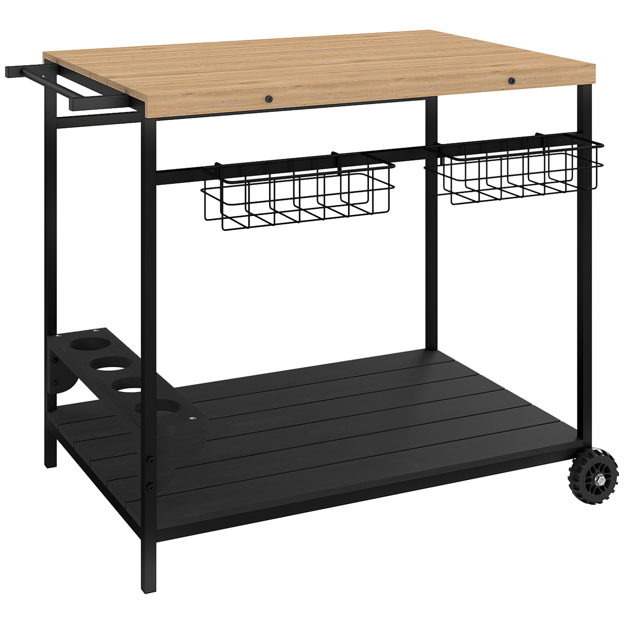 Outsunny Camarera con Ruedas de Madera con 2 Estantes 2 Cestas Metálicas y Soportes para Botellas 97,5x65x81 cm Natural y Negro