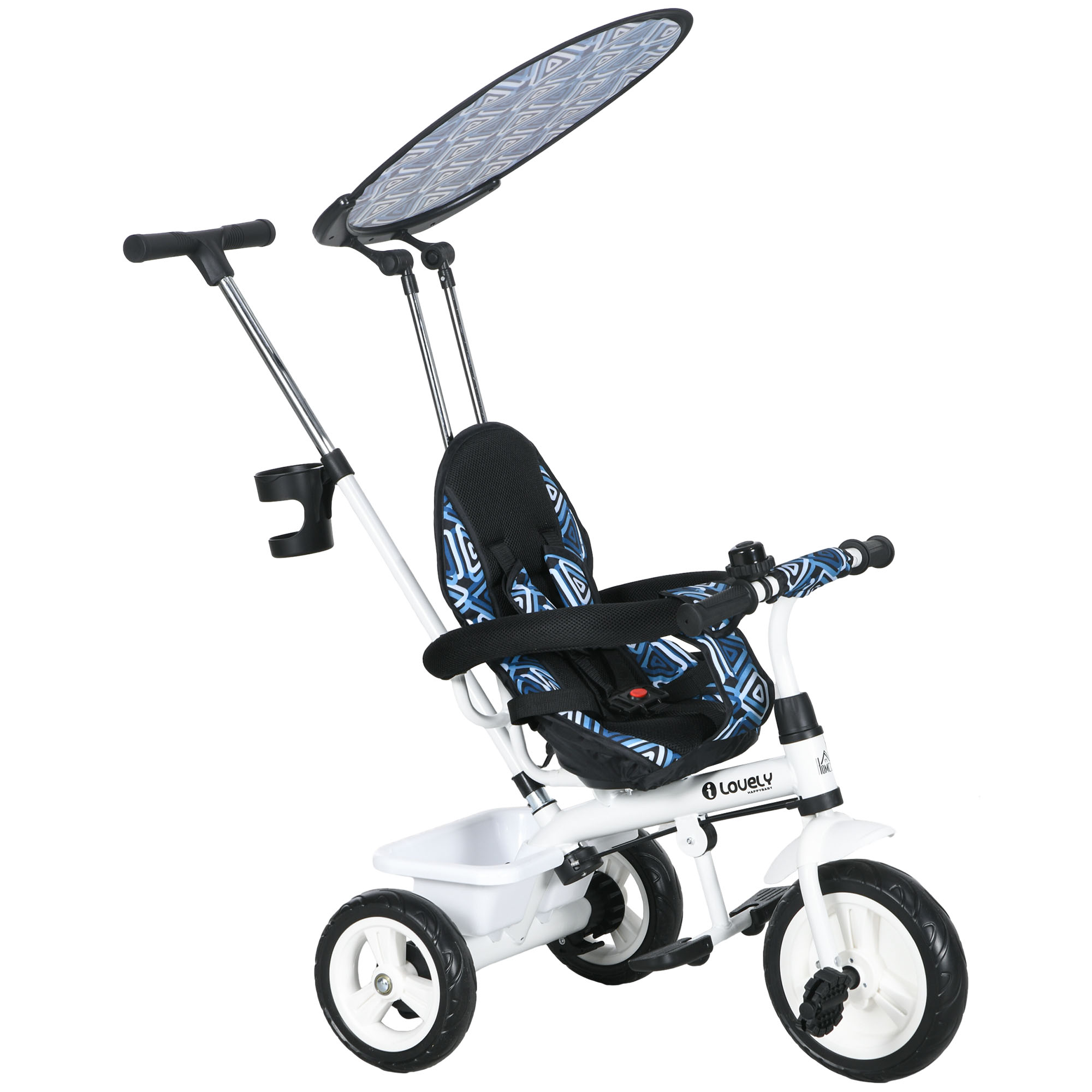 HOMCOM Triciclo para Bebés de +12 Meses con Toldo Plegable Mango de Empuje Telescópico Desmontable y Portabotellas Azul Blanco