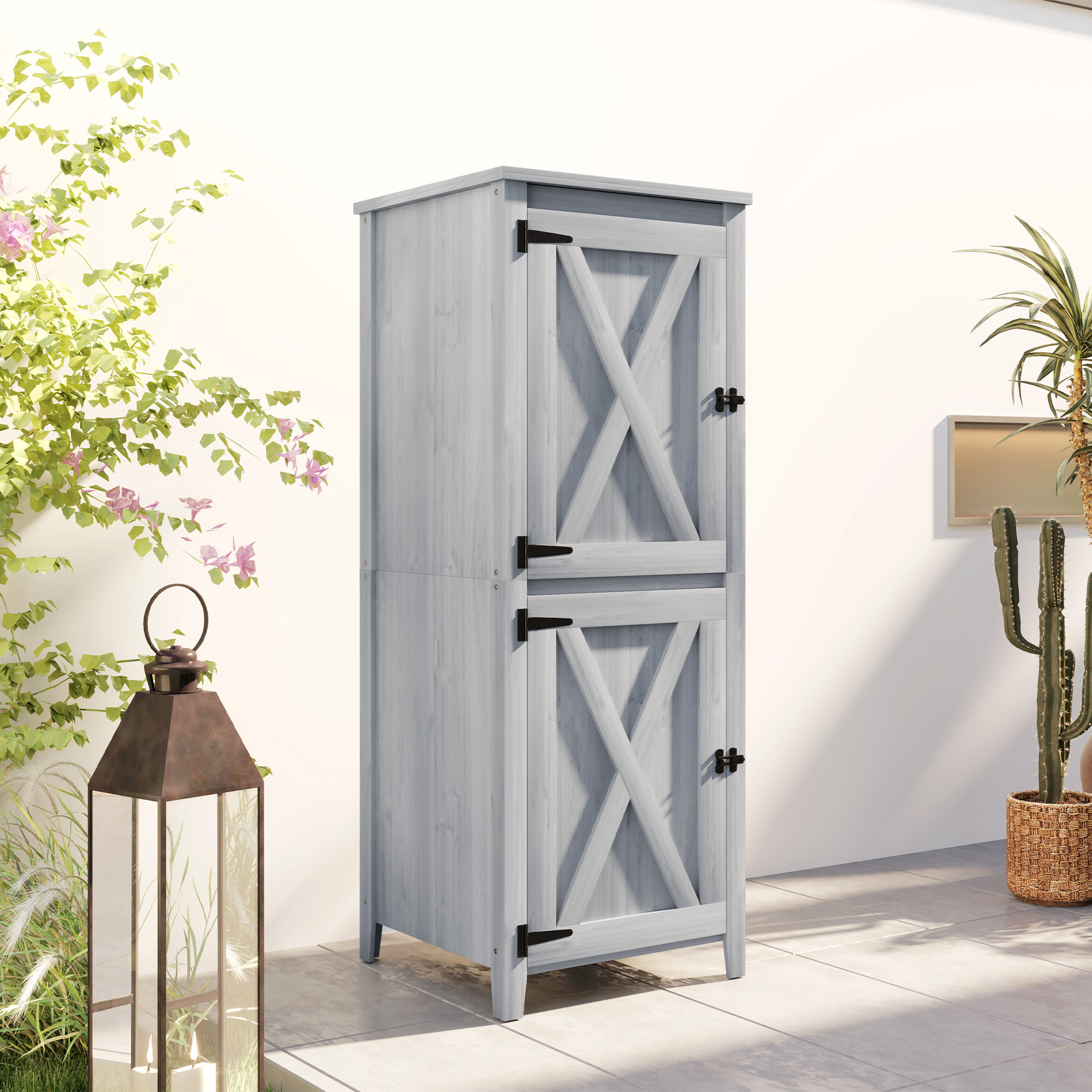  sopron pentru Unelte de Gradina din Lemn de Brad cu 2 Dulapuri si 2 Rafturi Detasabile, 60x60x160 cm, Gri Deschis [6]