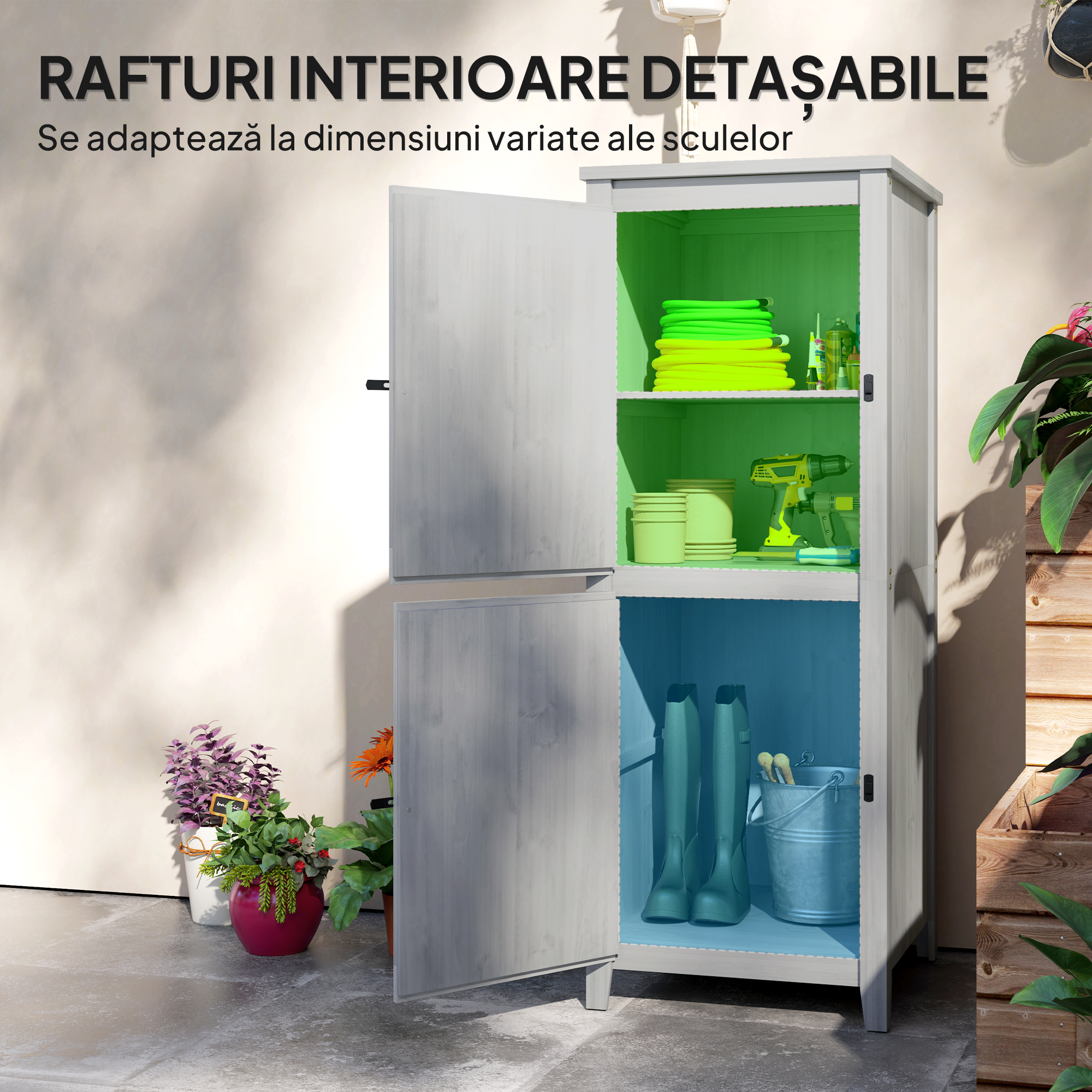  sopron pentru Unelte de Gradina din Lemn de Brad cu 2 Dulapuri si 2 Rafturi Detasabile, 60x60x160 cm, Gri Deschis [4]