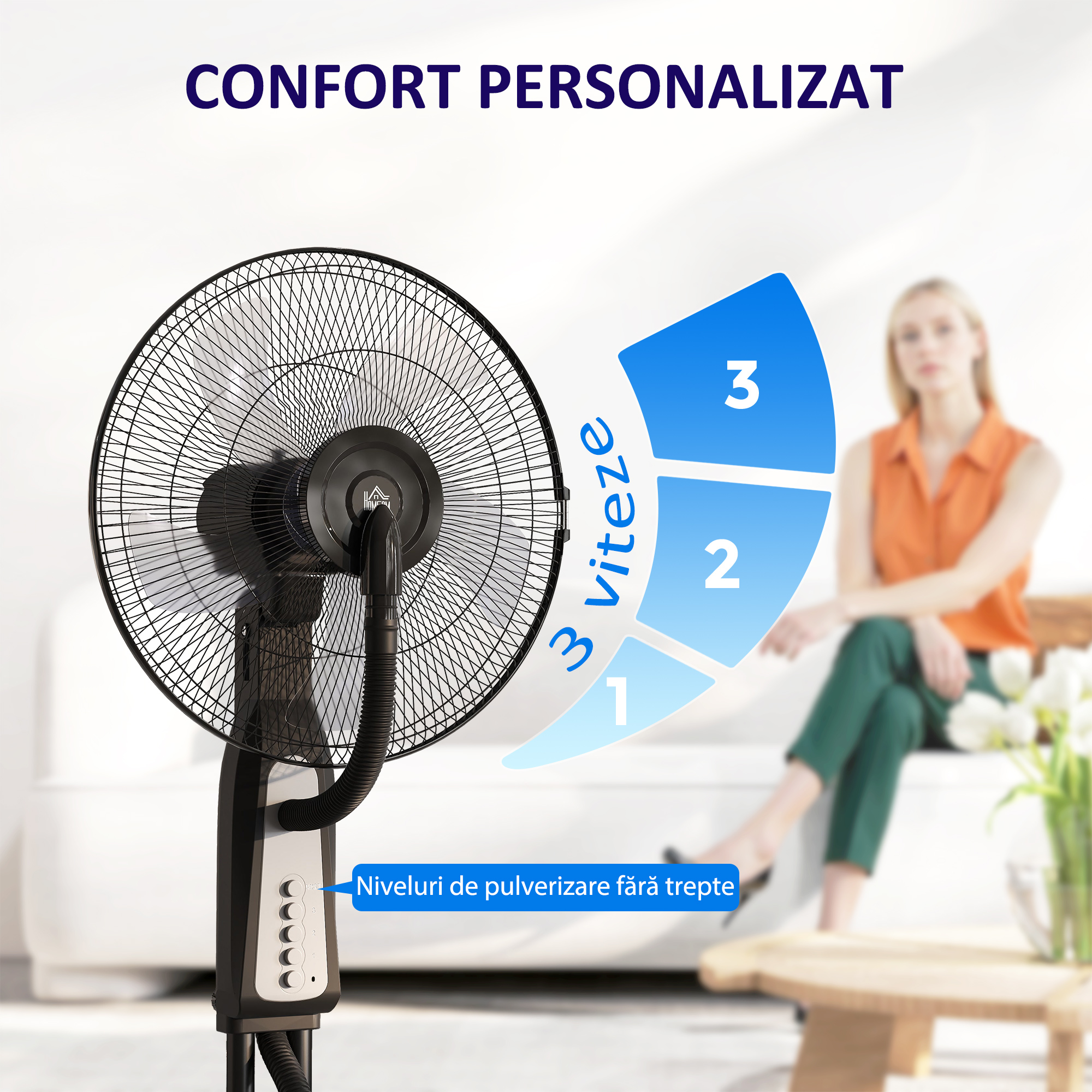  Ventilator cu cu Pulverizare de Apa Reglabil, 3 Viteze si Oscilatie 75° Negru [4]