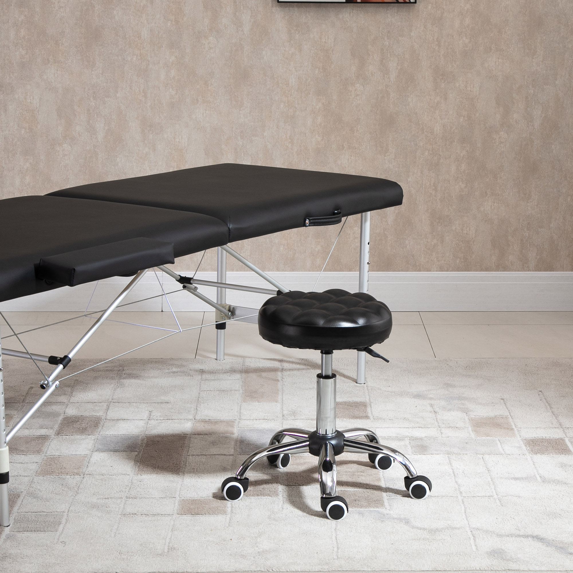 HOMCOM Höhenverstellbarer drehbarer Massagehocker mit Rollen, gepolsterte Sitzfläche aus schwarzem Kunstleder Aosom – Bild 2 von 2