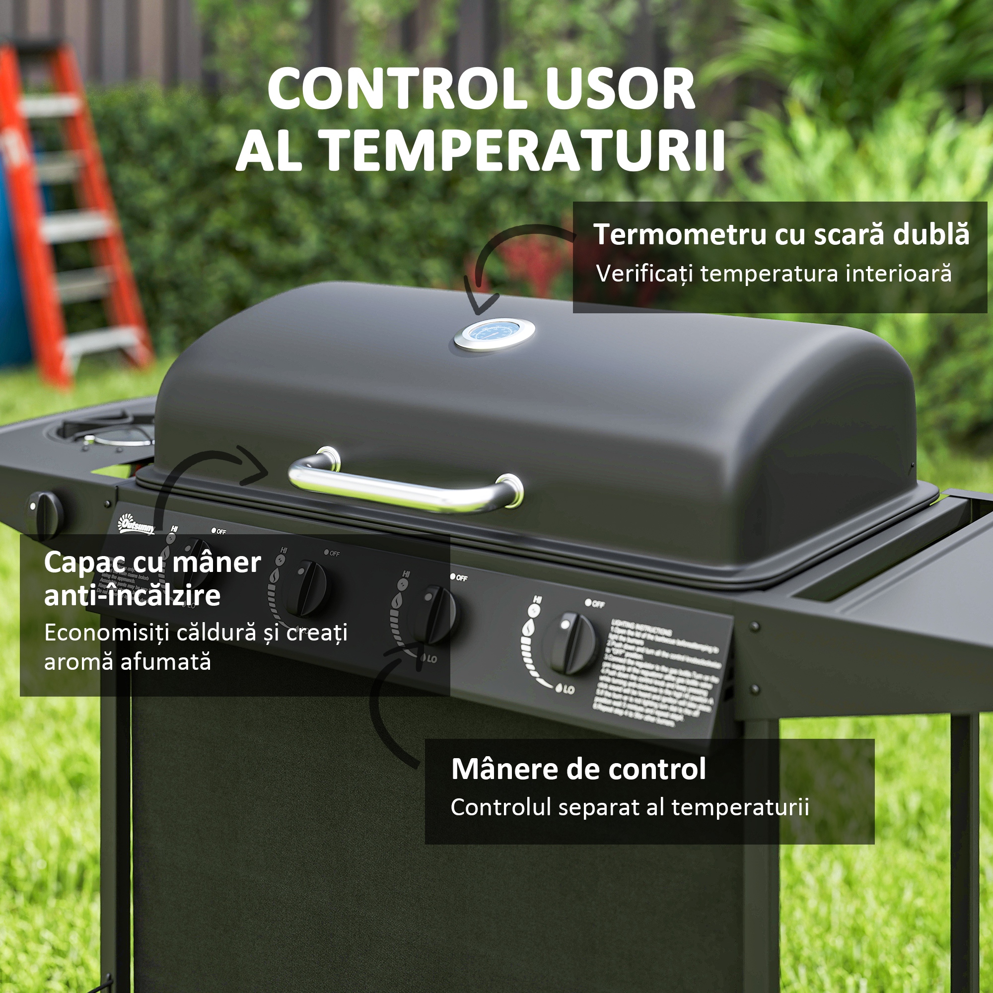  Gratar pe Gaz cu Capac, Termometru, Masuta Laterala si Tava pentru Colectarea Grasimii, 121x54x97 cm, Negru [4]