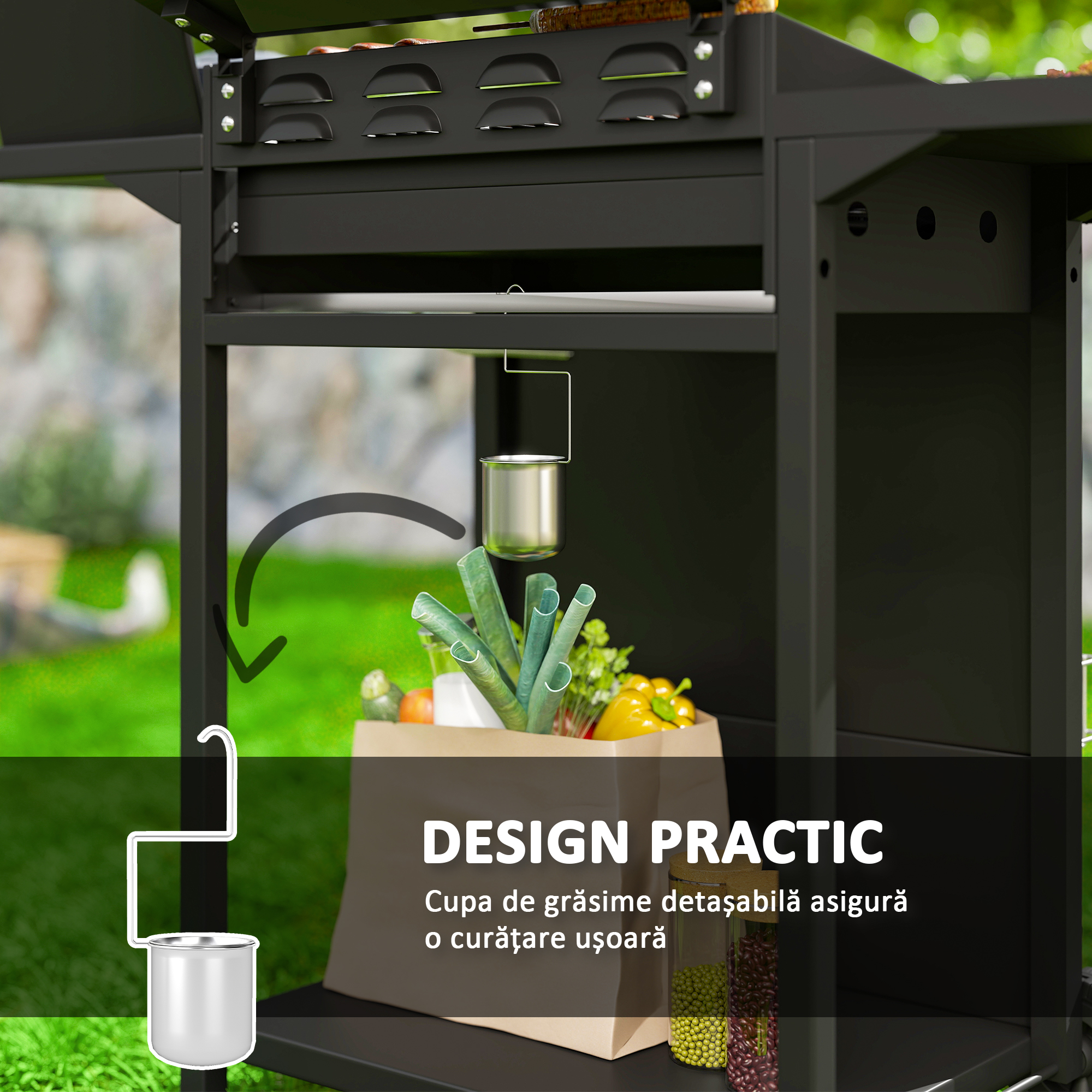  Gratar pe Gaz cu Arzatoare Independente 3+1, Capac, Termometru si Masuta Laterala, 123x57x98 cm, Negru [6]