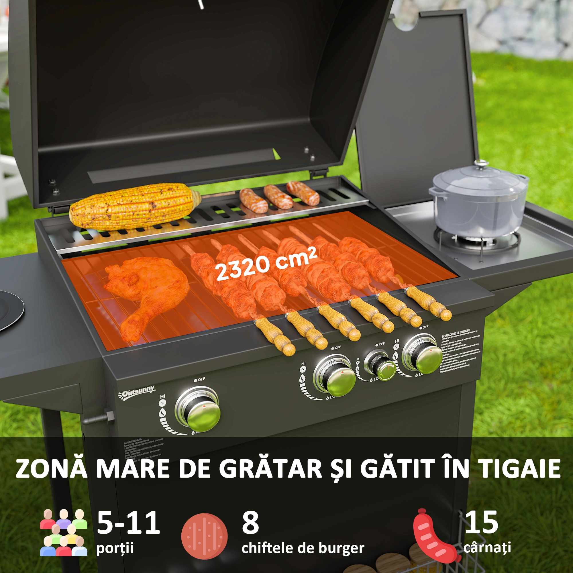  Gratar pe Gaz cu Arzatoare Independente 3+1, Capac, Termometru si Masuta Laterala, 123x57x98 cm, Negru [3]