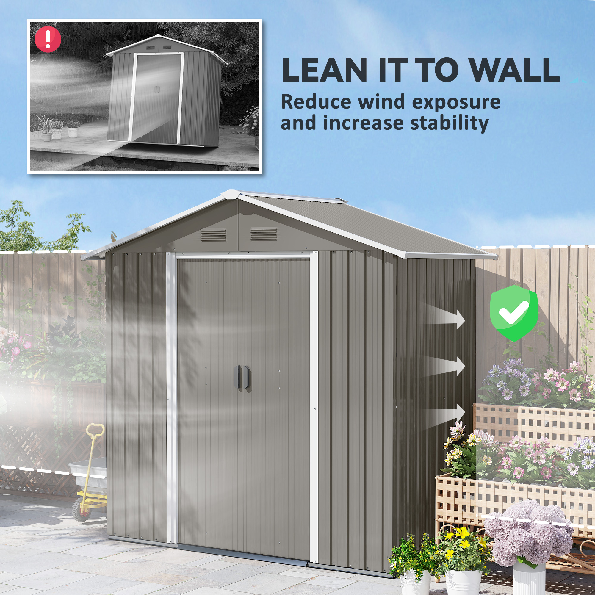 Outsunny 6.5ft x 3.5ft Metal Garden Storage Shed for Outdoor Tool Storage with Double Sliding Doors and 4 Vents, Grey 8