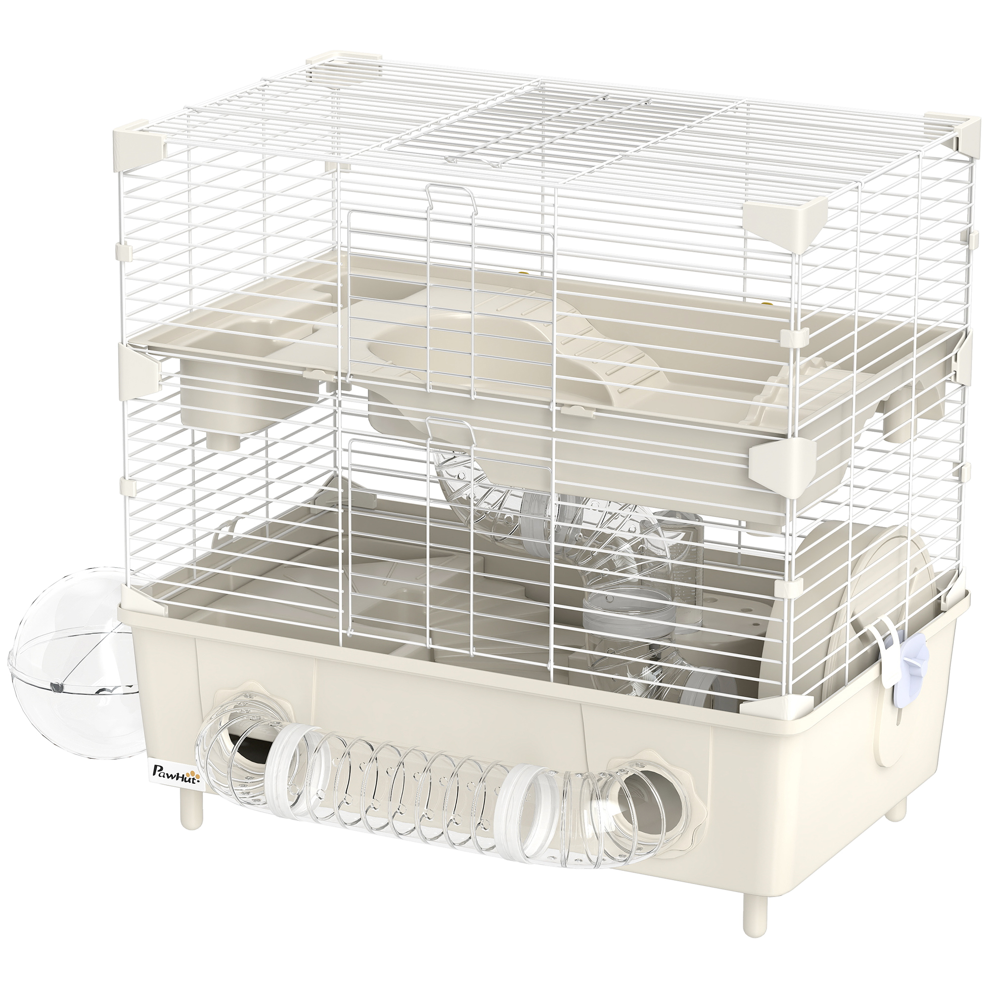 PawHut Hamsterkäfig mit 2 Ebenen und 3 Türen mit Rad, Sandbad und Spielröhren, Käfig für Tiere aus Stahl, PS und PP, 44,5x28x44 cm, Creme und Weiß   Aosom – PawHut