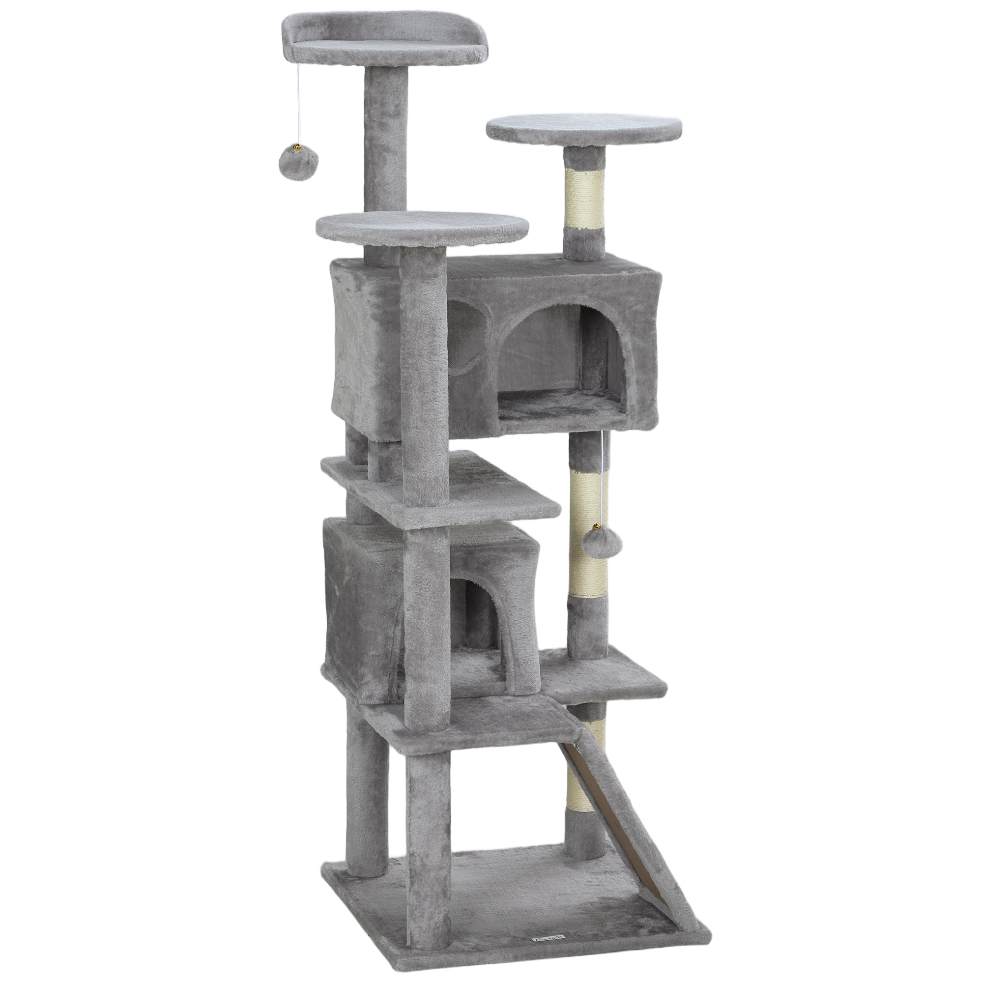 PawHut Katzenbaum Höhe 138 cm, Spielzeugturm für Katzen mit Kratzbrett, Plattformen, 2 Höhlen, Bommeln, Plüschstoff, Mehrstufig ideal für 1-3 Katzen Hellgrau   Aosom