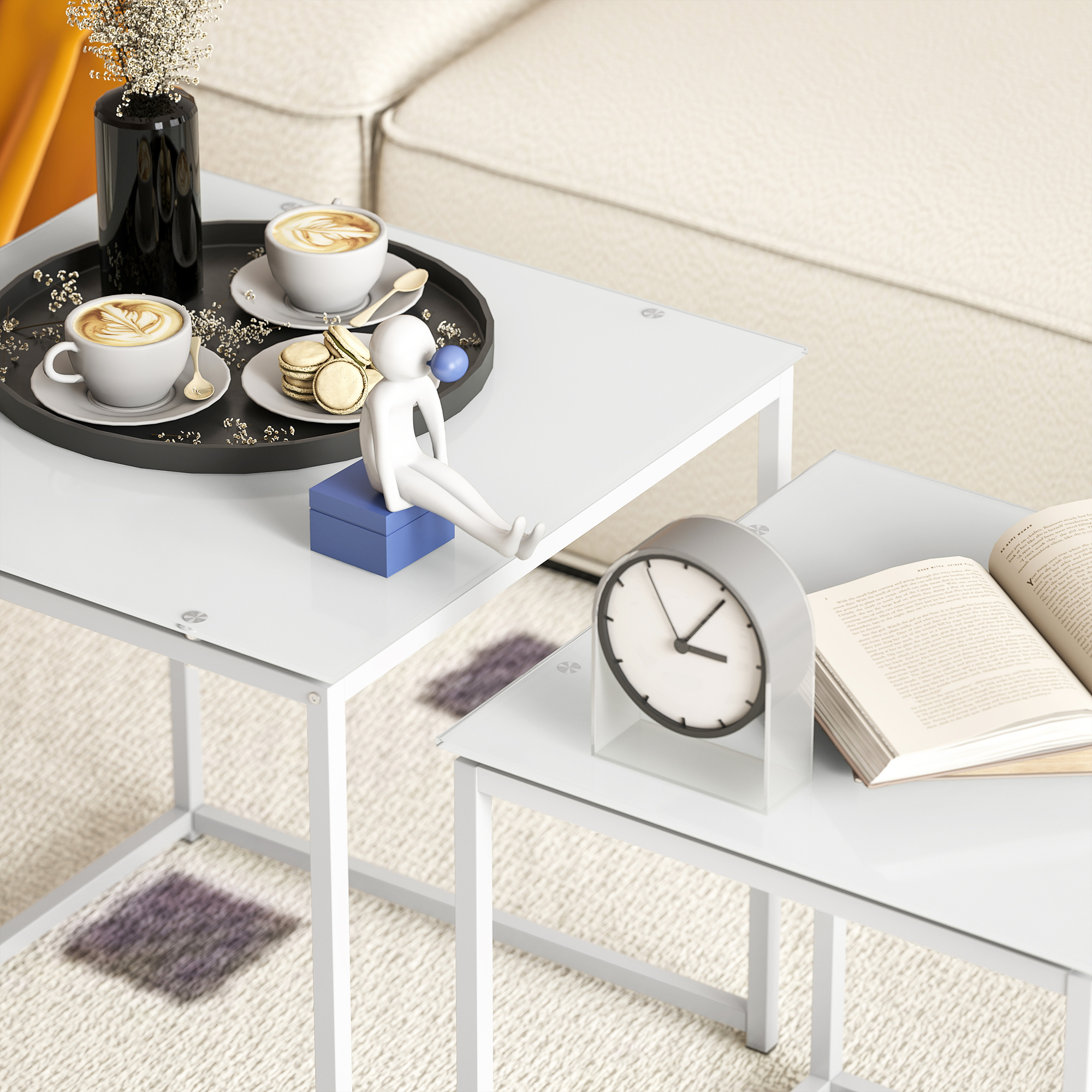 HOMCOM Nest of Tables, Set of 2 Coffee Table, Side Tables with Tempered Glass Desktop and Metal Frame for Living Room, Bedroom, Office, White 9