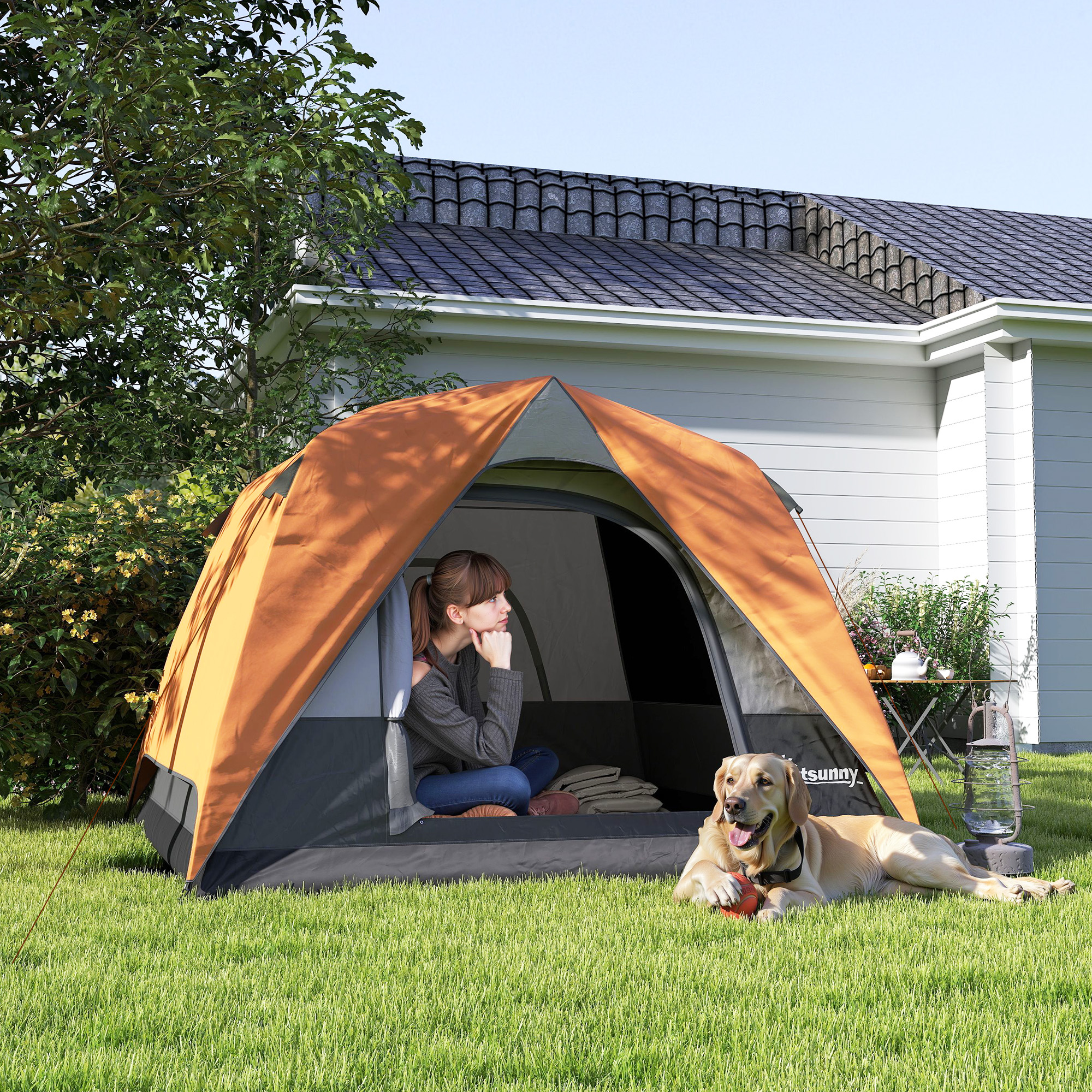 Outsunny Campingzelt für 3 Personen mit Boden, Familien-Domzelt wasserdicht 3000mm mit abnehmbarem Tasche, Deckenhaken für Laterne und Tragetasche, Orange   Aosom