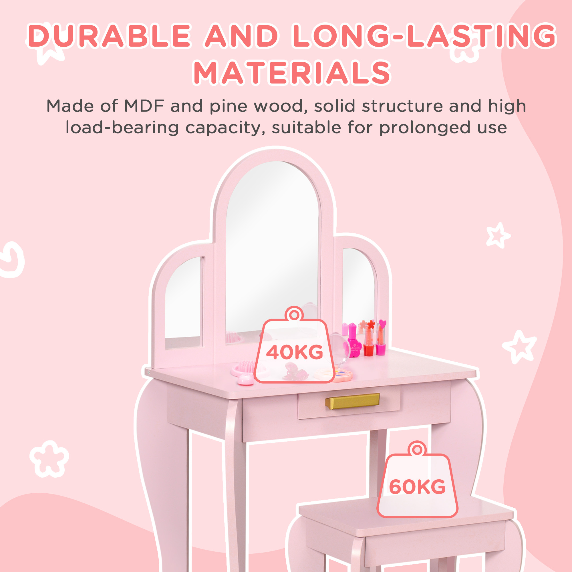 HOMCOM Kids Dressing Table Set, with Mirror and Drawer Pink 8