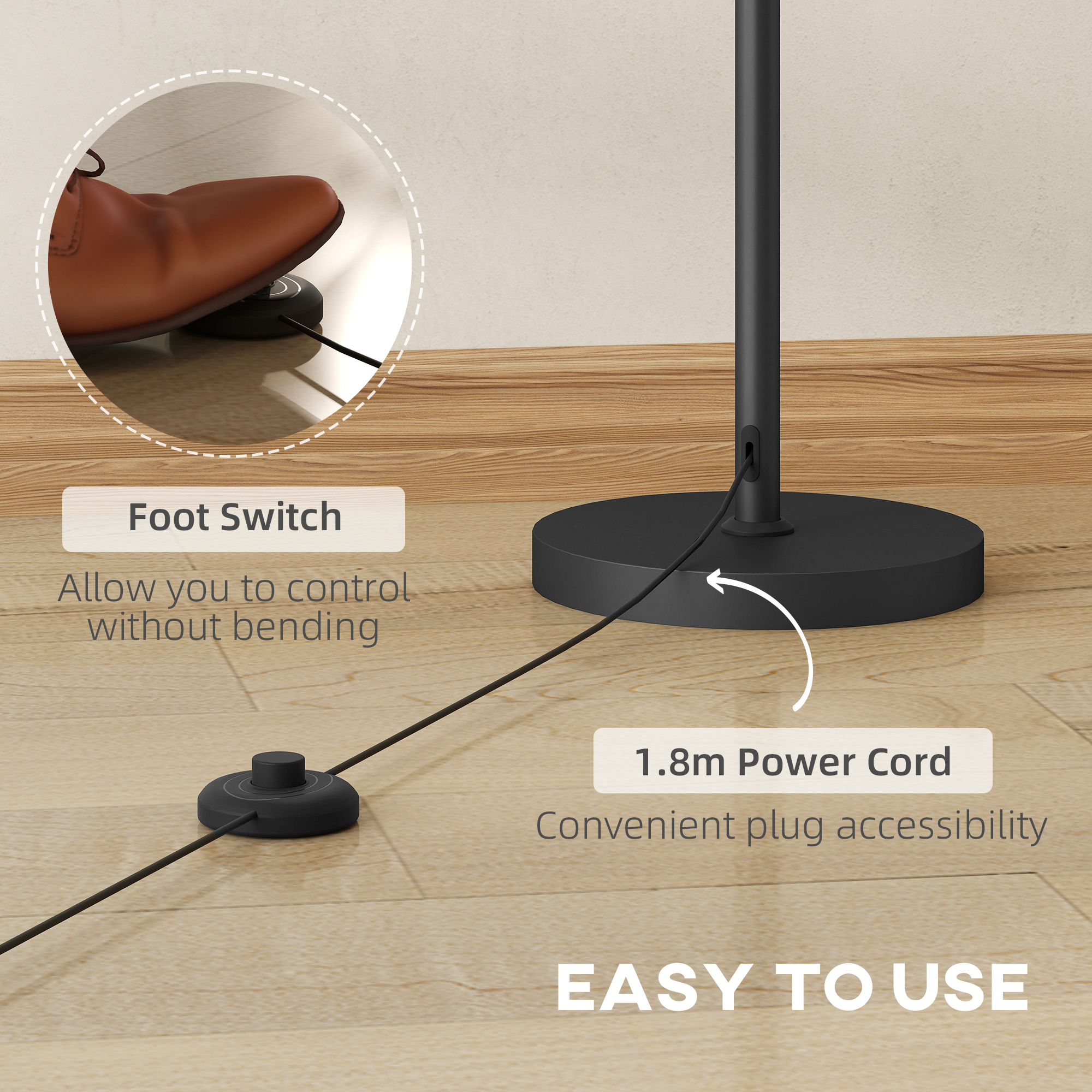 HOMCOM Floor Lamp, 165 cm Tall Standing Lamp with 3 Light and Foot Switch for Living Room, Bedroom, Bedside, Office, E27 Base Without Bulb (40W Max) 6