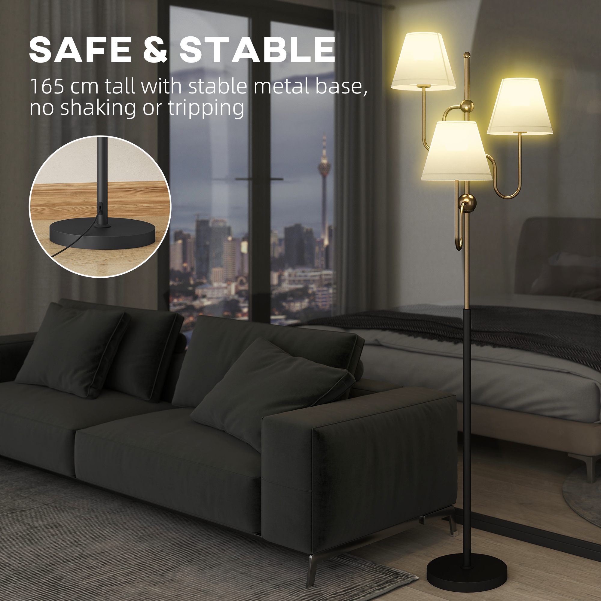 HOMCOM Floor Lamp, 165 cm Tall Standing Lamp with 3 Light and Foot Switch for Living Room, Bedroom, Bedside, Office, E27 Base Without Bulb (40W Max) 5