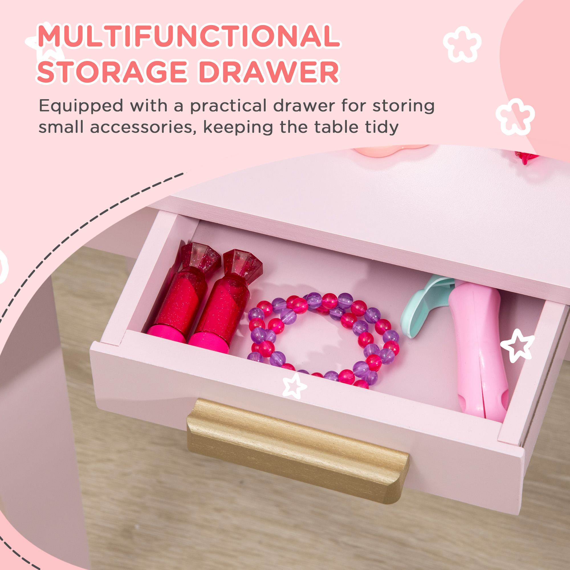 HOMCOM Kids Dressing Table Set, with Mirror and Drawer Pink 7