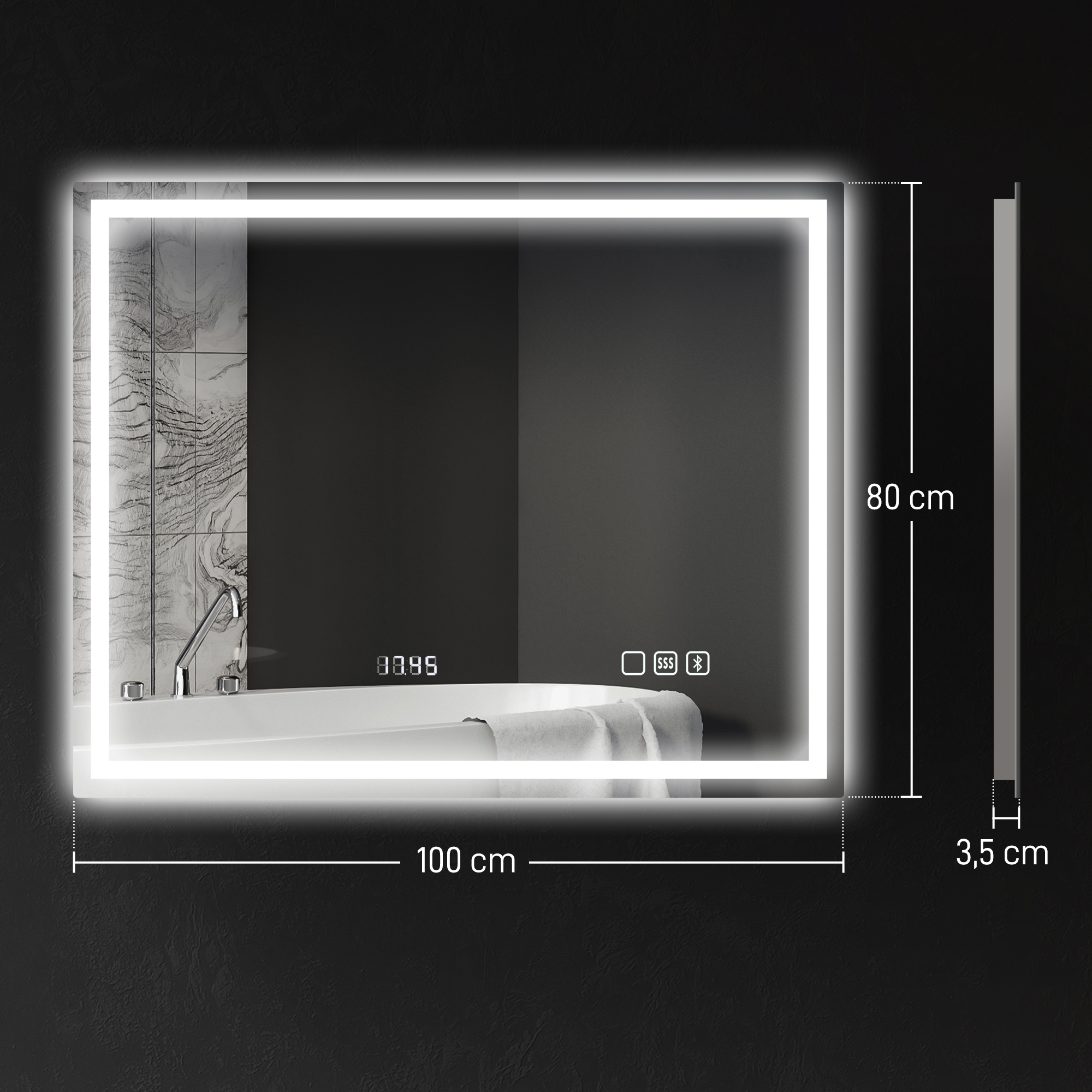 Vannitoa peegel LED Bluetooth 80 x 100 cm Puutetundlik lüliti Reguleeritav valgustus 3 värvi Uduvastane Mäluga Hõbedane