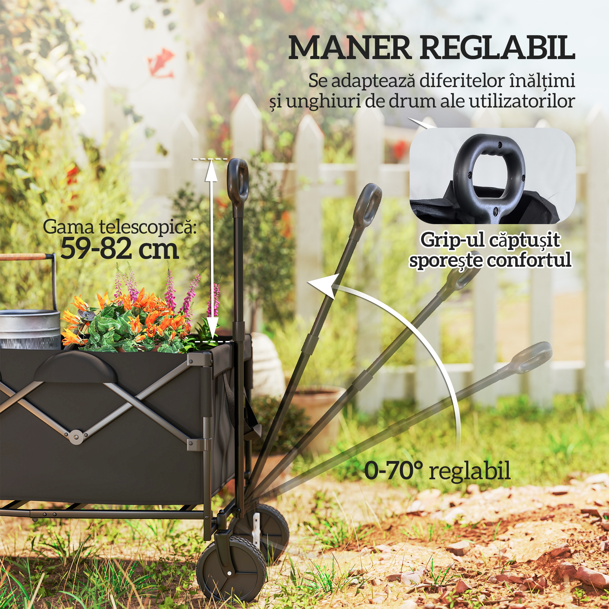  carucior de gradina pliabil de 160L cu maner reglabil, capacitate 100 kg, 95x55x102 cm, negru [7]