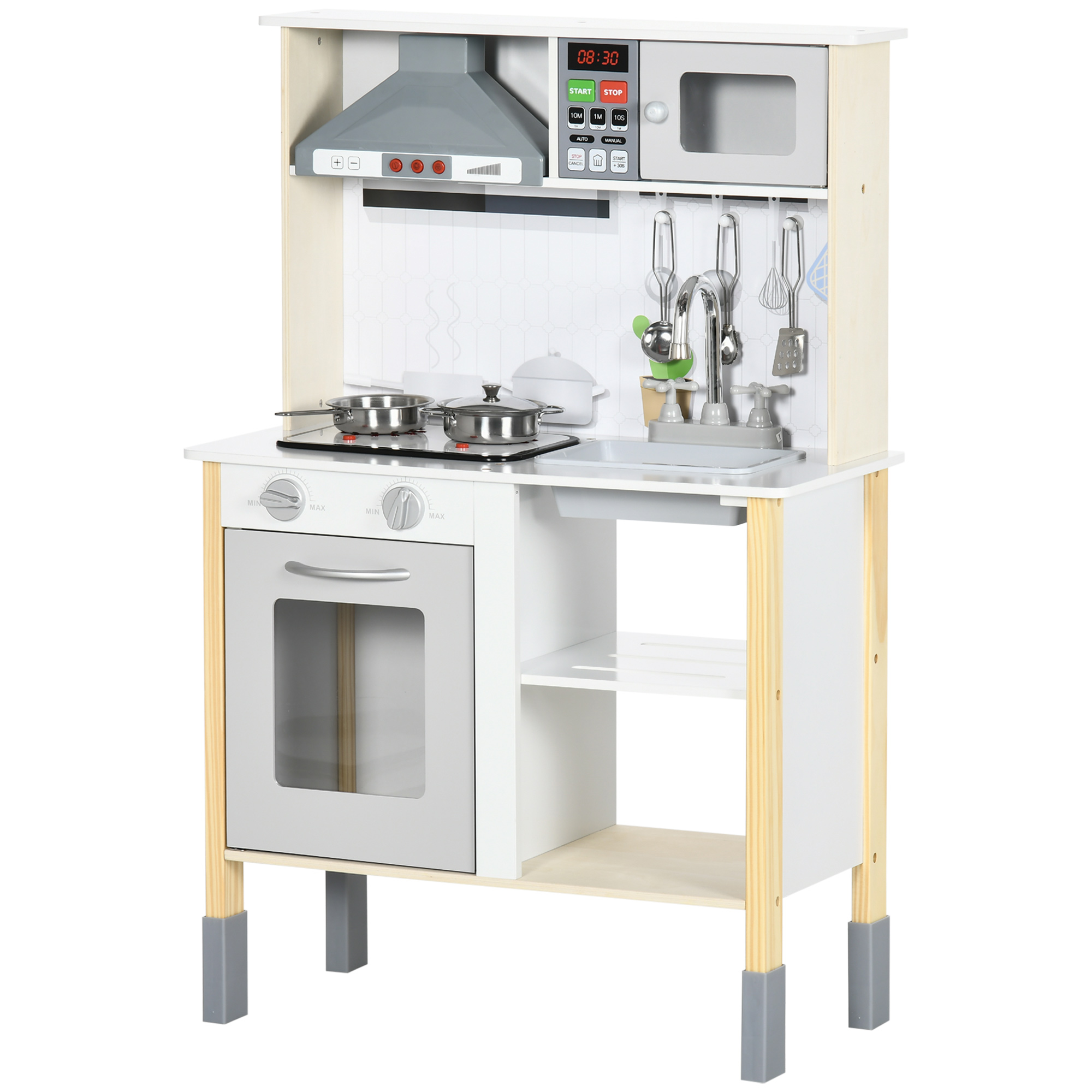 HOMCOM Spielküche für Kinder mit höhenverstellbarer Funktion, Soundeffekten, Lichtern und Zubehör, aus MDF und PP, 60x30,5x93,2 cm, Grau und Weiß Aosom