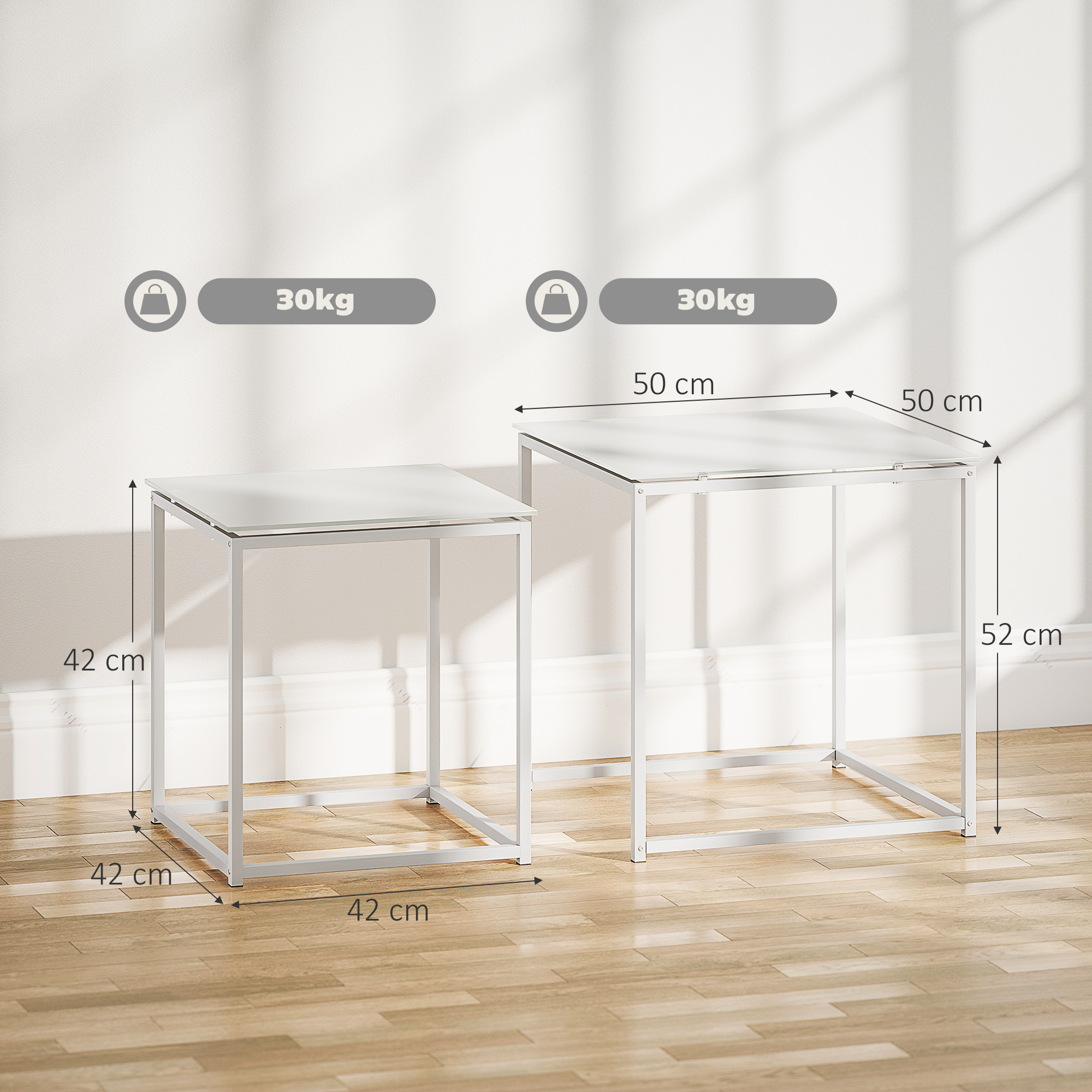 HOMCOM Nest of Tables, Set of 2 Coffee Table, Side Tables with Tempered Glass Desktop and Metal Frame for Living Room, Bedroom, Office, White 3