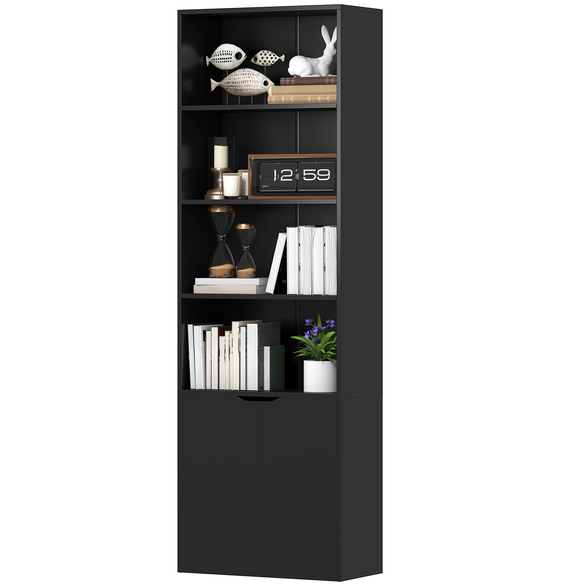 HOMCOM Bibliothèque Armoire à livres avec 4 compartiments ouverts et 2 portes pour le salon et le bureau 59x29x180 cm Noir