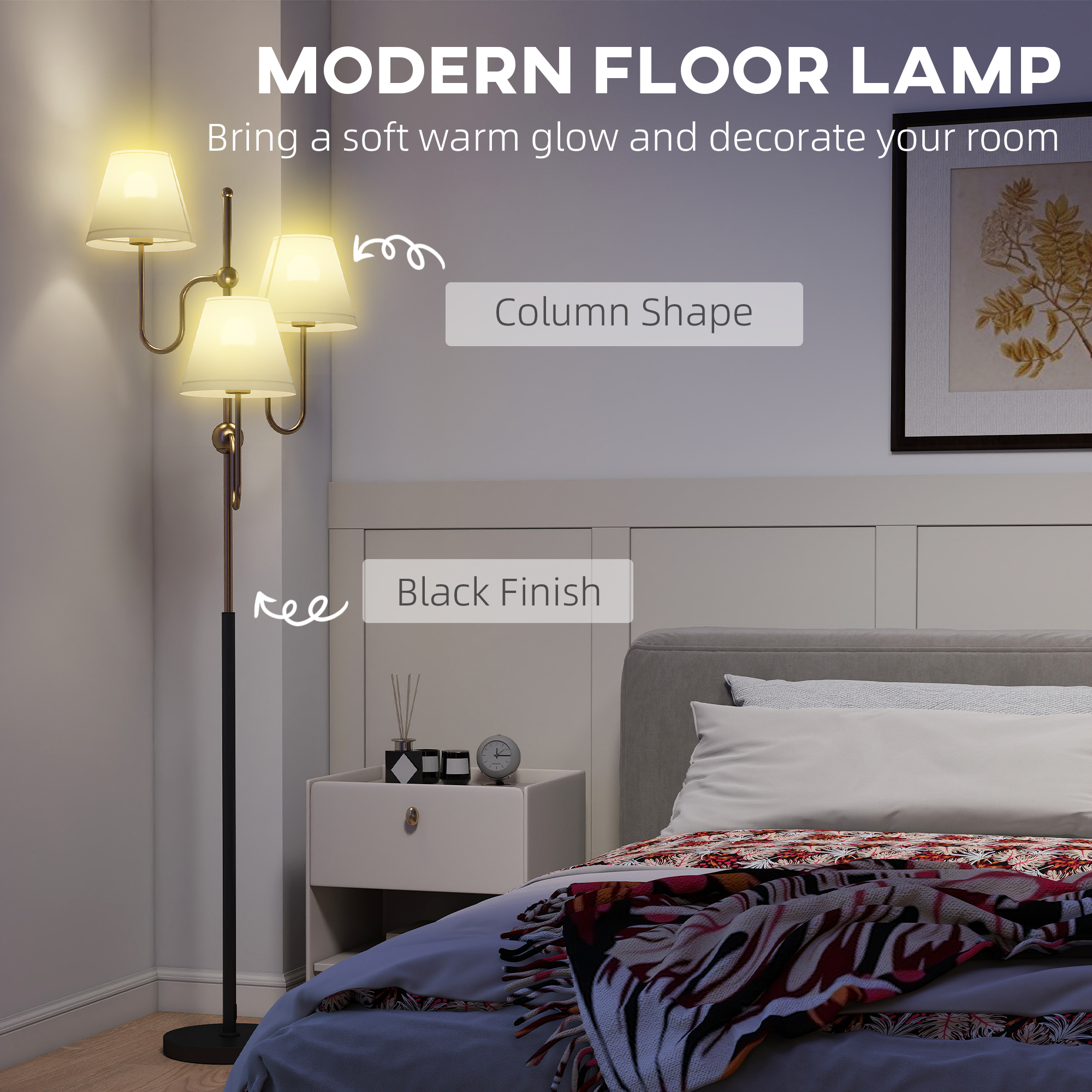 HOMCOM Floor Lamp, 165 cm Tall Standing Lamp with 3 Light and Foot Switch for Living Room, Bedroom, Bedside, Office, E27 Base Without Bulb (40W Max) 4