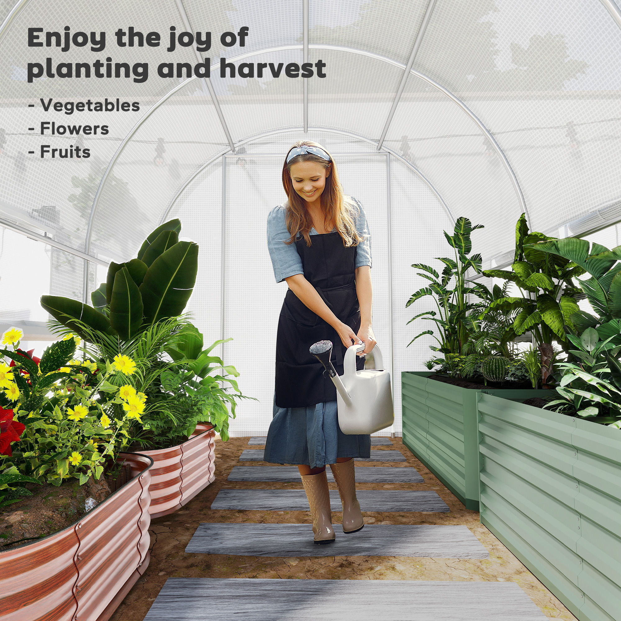 Outsunny Walk-in Polytunnel Greenhouse Green House with Roll-up Sidewalls, UV-resistant PE Cover, 3 x 2 x 2m, White 7