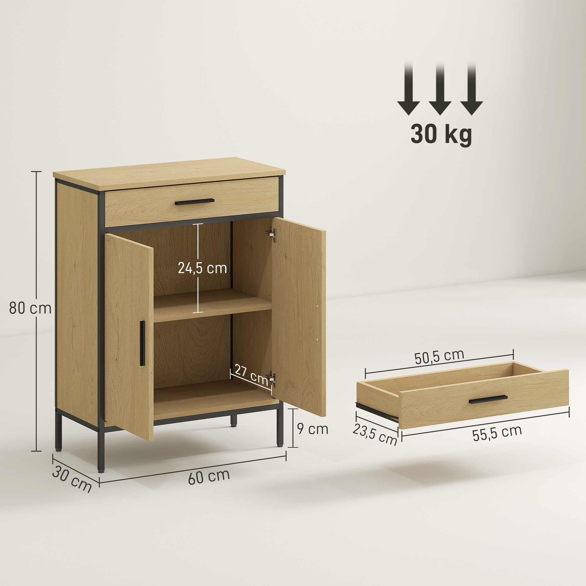 HOMCOM Meuble Salle De Bain Chêne 60x30x80 Cm – Armoire Rangement Avec Tiroir, Placard 2 Portes, Étagère Réglable, Style Industriel