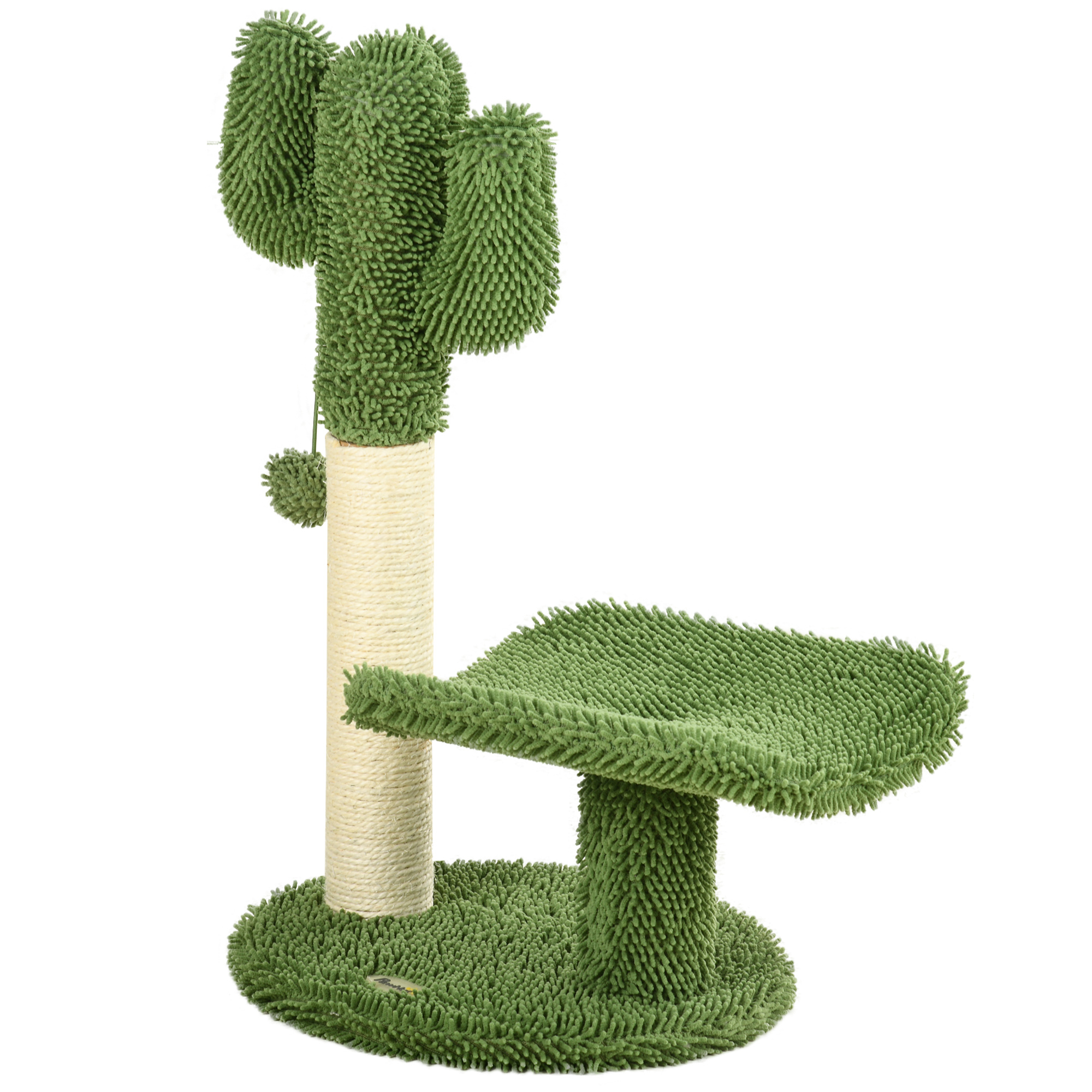 PawHut Katzenbaum in Kaktusform mit Kratzfläche, Spielball und Plattform, Kratzbaum aus Spanplatte und Plüsch, 35x31x55,5 cm, Grün und Cremefarben Aosom