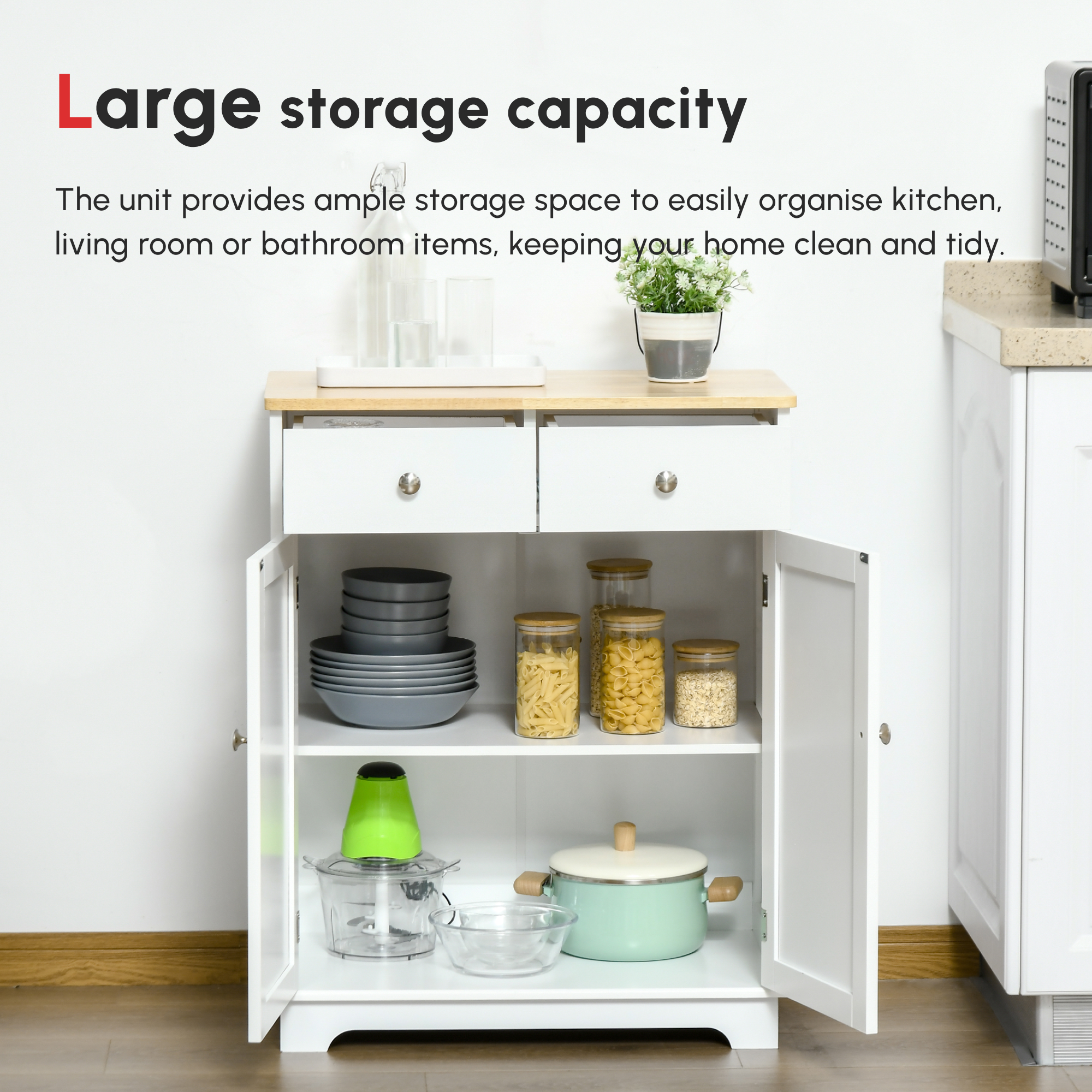 HOMCOM Kitchen Floor Cabinet Side Storage Cupboard Multi-use Sideboard Table with Solid Wood Top, Adjustable Shelf,Drawer for Dining Room, Living Room,Hallway 4