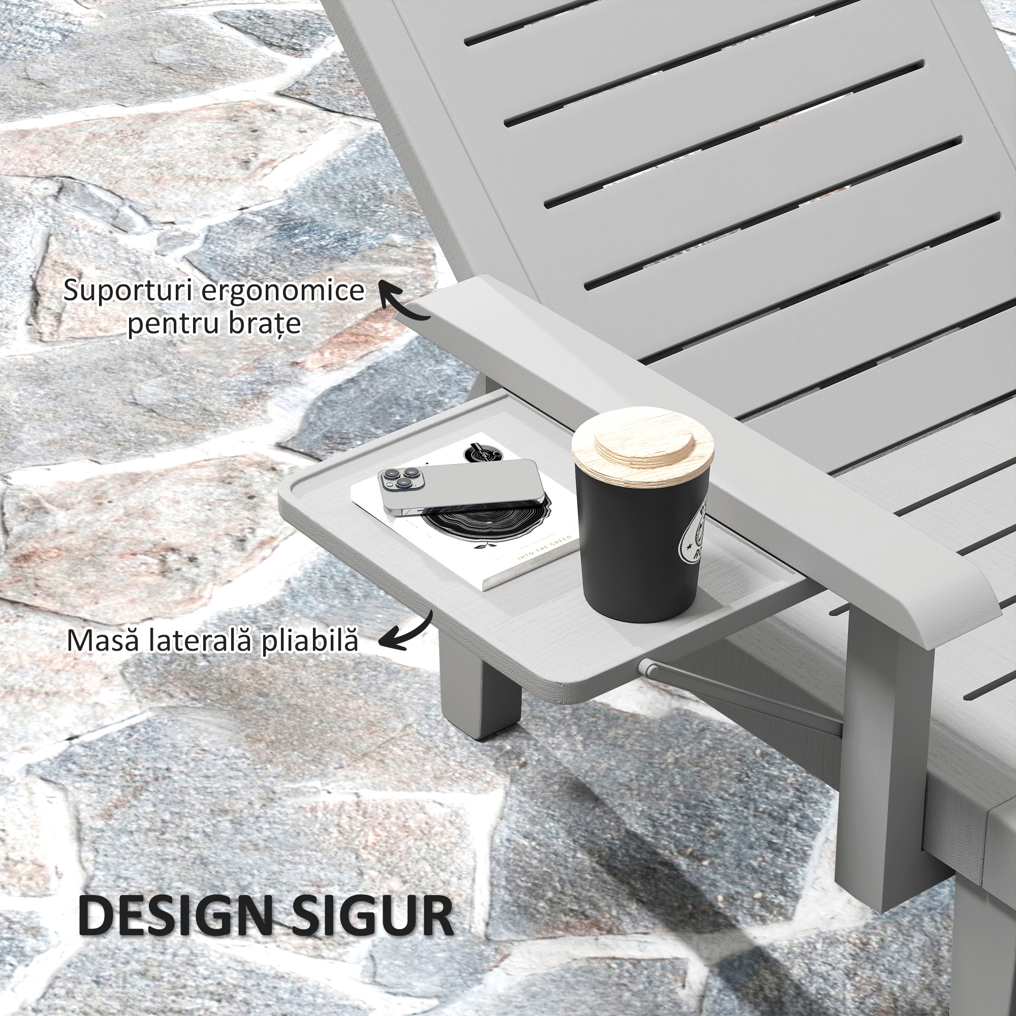  Set 2 sezlonguri cu Spatar Reglabil in 5 Pozitii, Masuta si Brate Ergonomice, 79x158x88 cm, Gri [4]