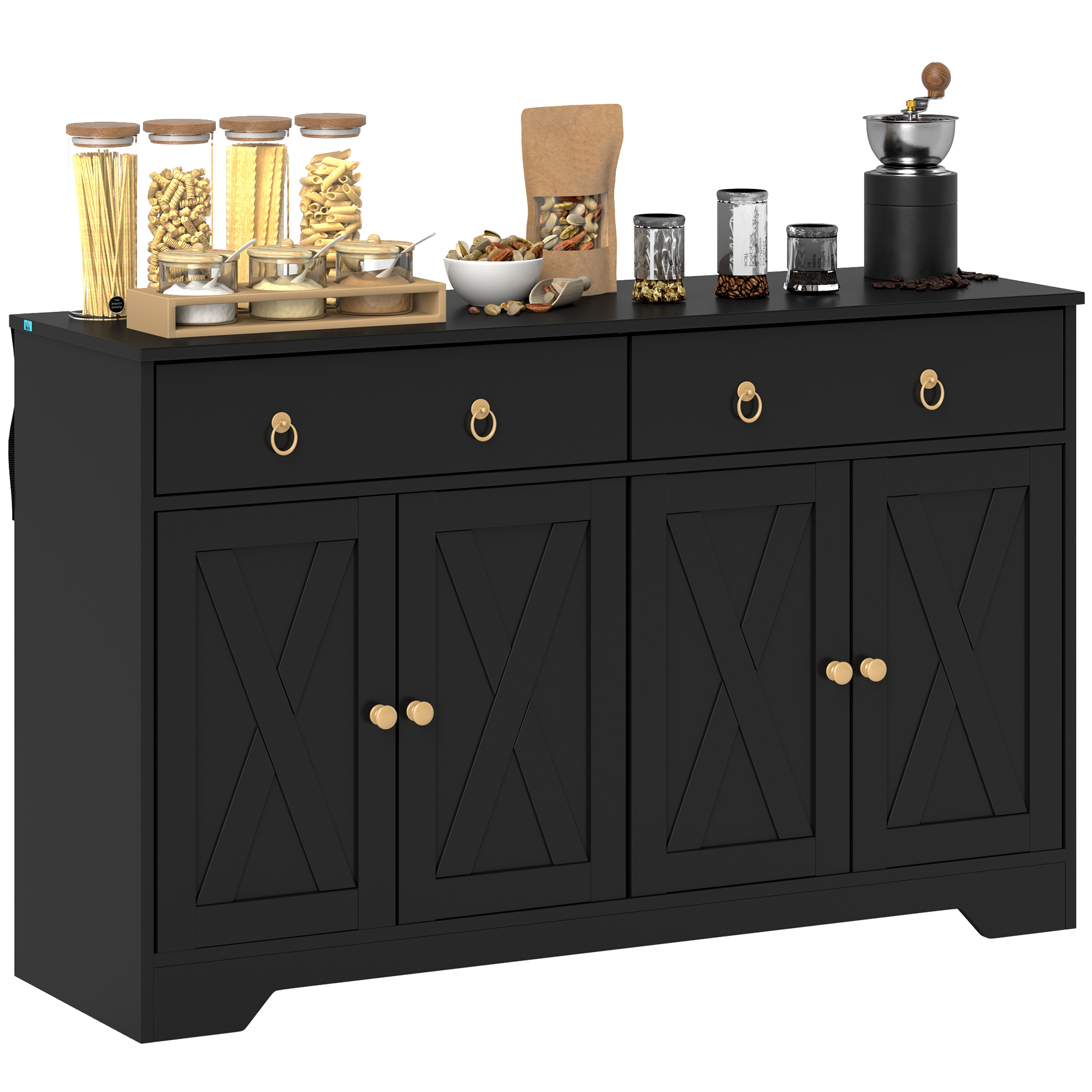 HOMCOM Buffet Möbel Aufbewahrungsschrank Küchenmöbel Landhausstil 2 Schubladen und 2 Schränke mit höhenverstellbaren Regalen - Maße 121L x 37B x 75H cm Schwarz   Aosom – HOMCOM